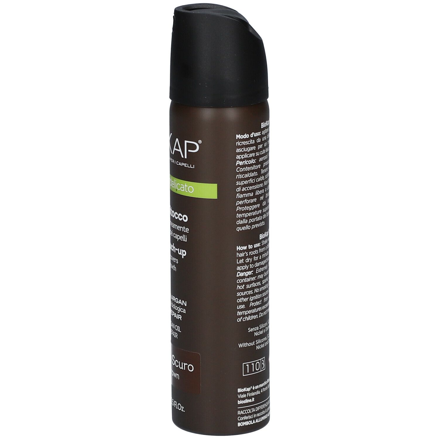 Braunfarbenes Haarspray zur Ansatzkaschierung mit schwarzem Deckel.