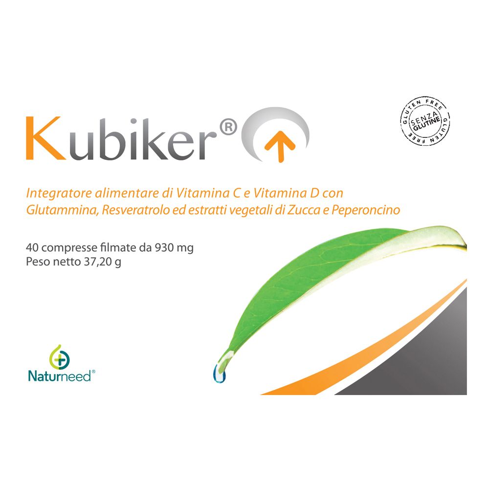 Verpackung mit Kubiker-Nahrungsergänzungsmittel. Enthält 40 Tabletten. Glutenfrei-Siegel. Naturneed-Logo.