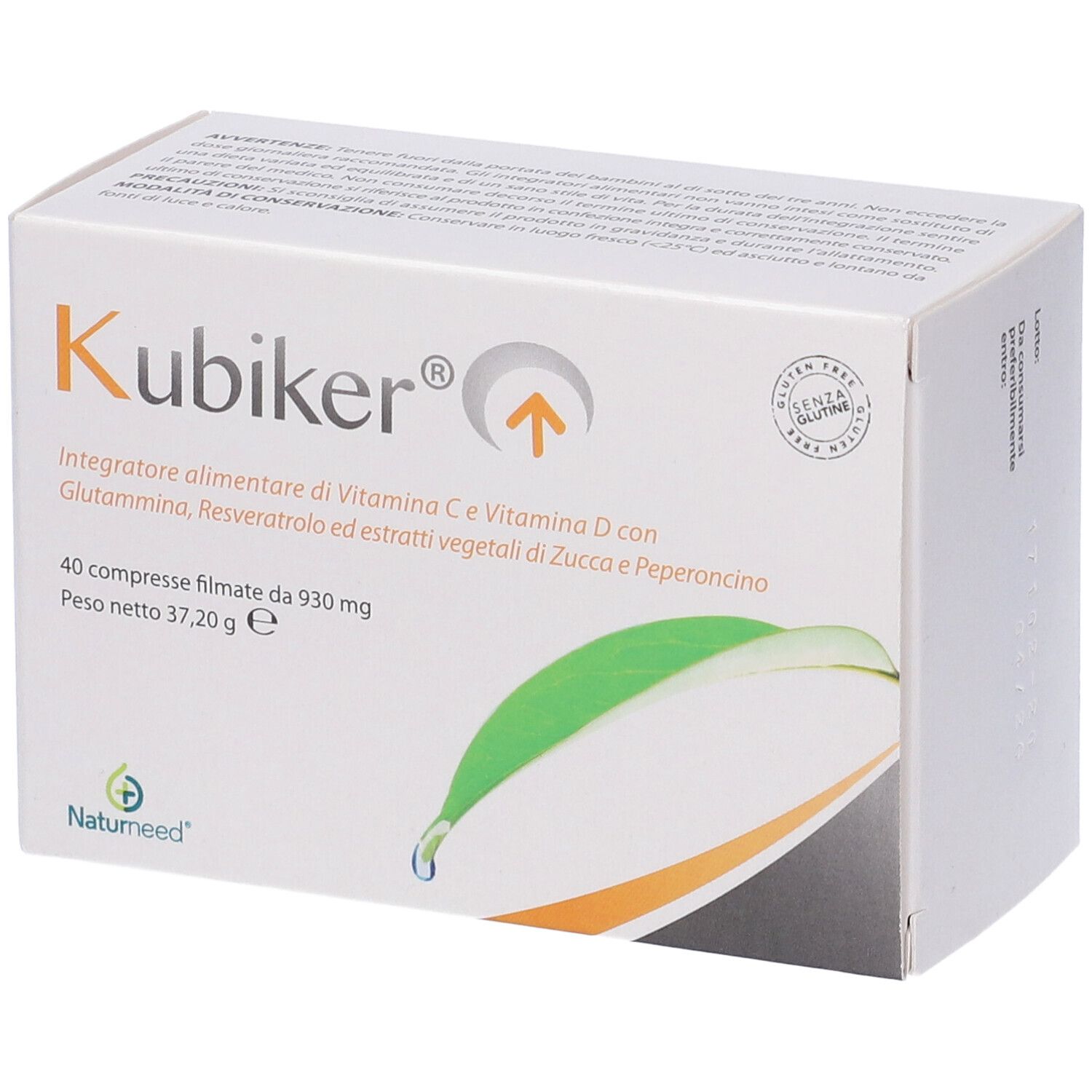 Weiße Schachtel mit Kubiker-Nahrungsergänzungsmittel. 40 Tabletten. Glutenfrei-Siegel. Naturneed-Logo. Schräge Ansicht.