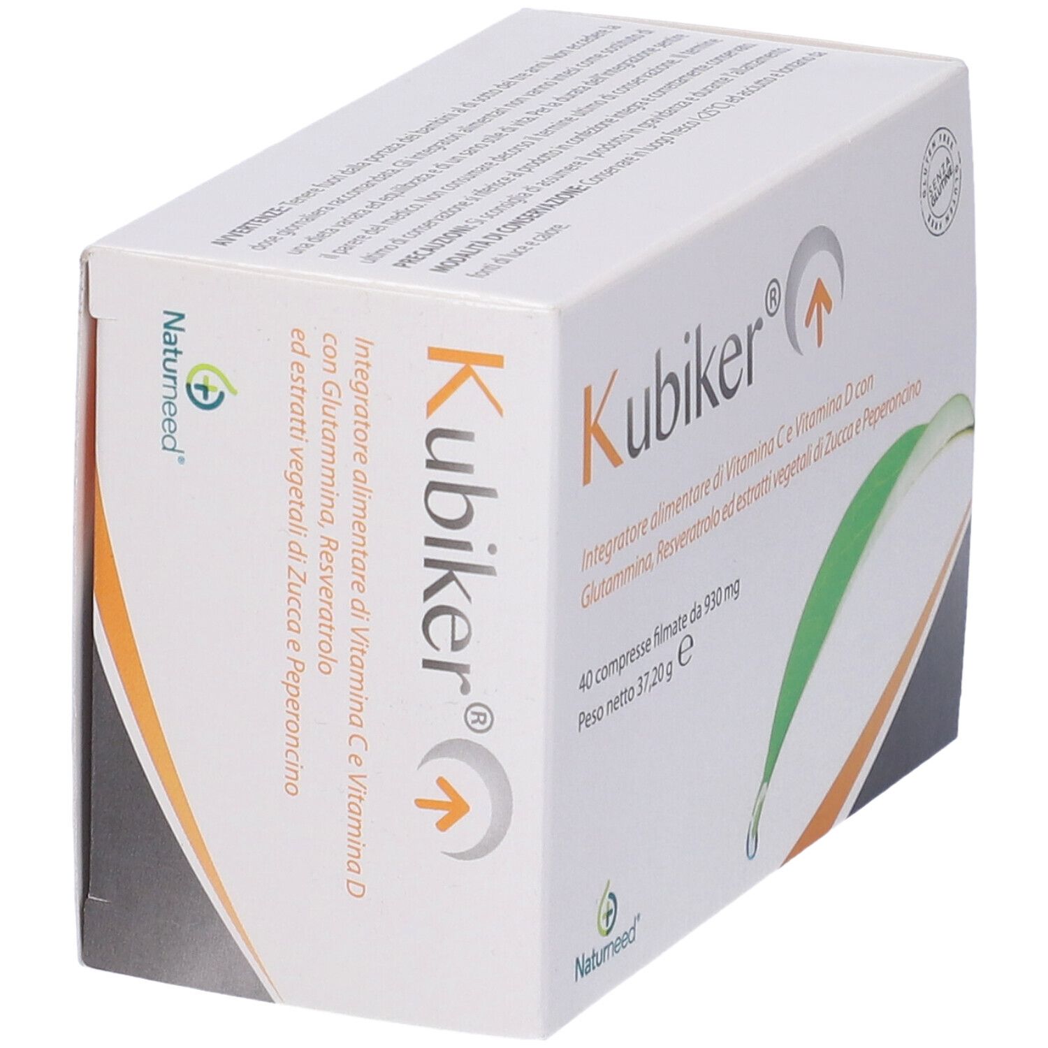 Schachtel mit Kubiker-Nahrungsergänzungsmittel. 40 Tabletten. Glutenfrei-Siegel. Naturneed-Logo. Schräge Ansicht.