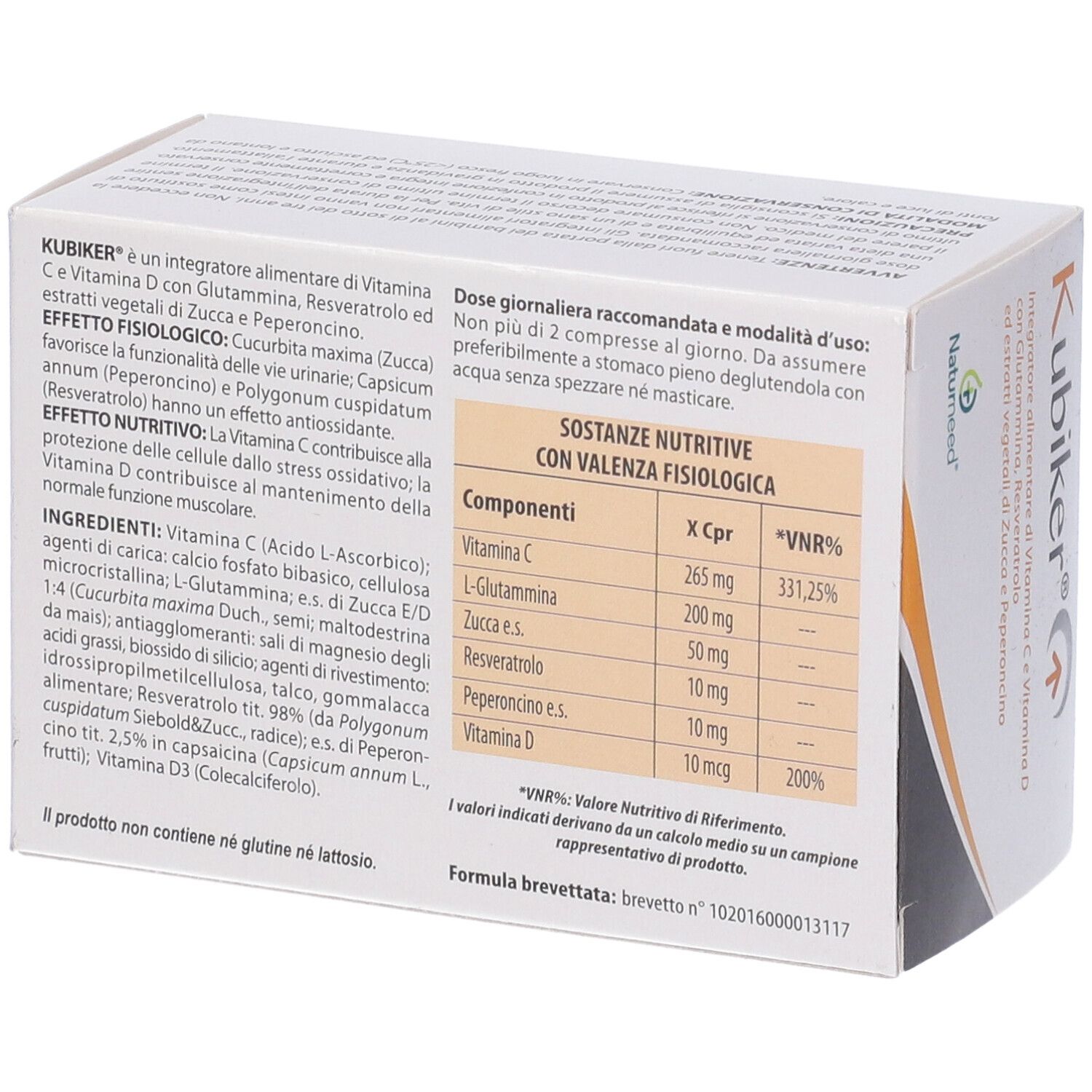 Rückseite der Kubiker-Verpackung. Enthält Informationen zu Inhaltsstoffen und Nährwerten. Naturneed-Logo.