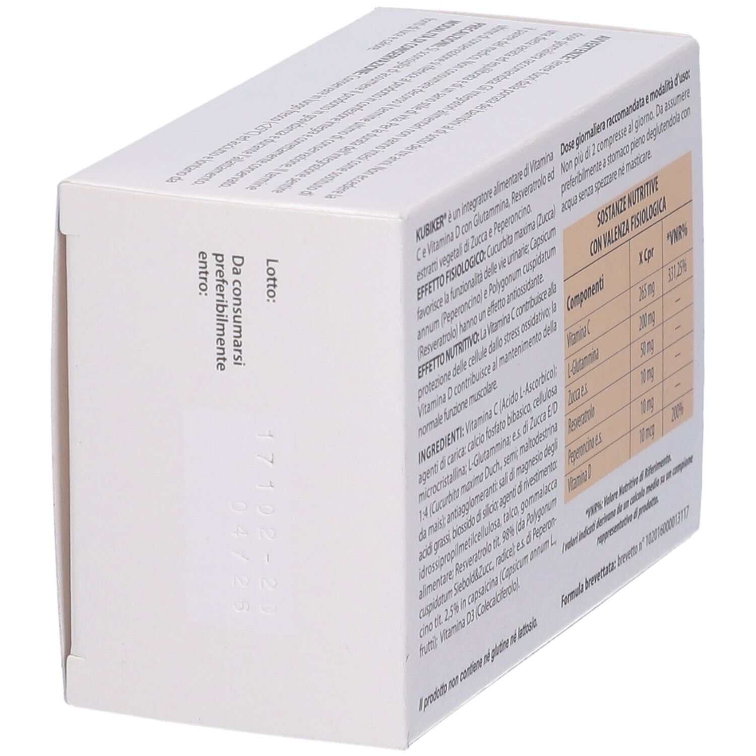 Seitenansicht der Kubiker-Verpackung. Enthält Informationen. Naturneed-Logo. Verfallsdatum.