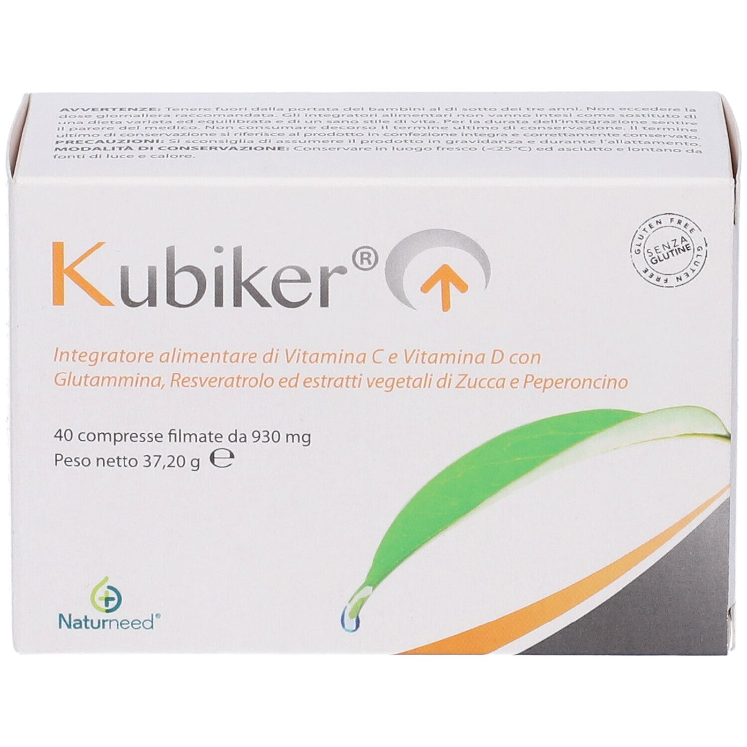 Kubiker-Verpackung. 40 Tabletten. Glutenfrei-Siegel. Naturneed-Logo. Blatt-Illustration.