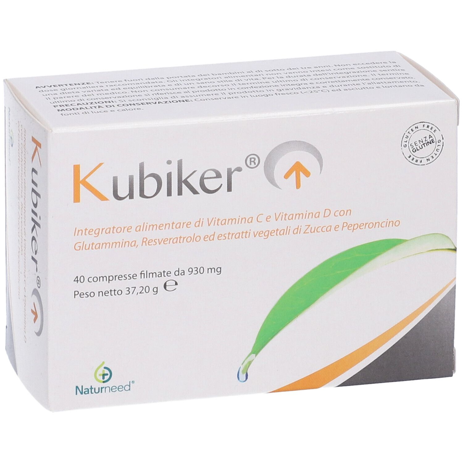 Kubiker-Verpackung. 40 Tabletten. Glutenfrei-Siegel. Naturneed-Logo. Schräge Ansicht.
