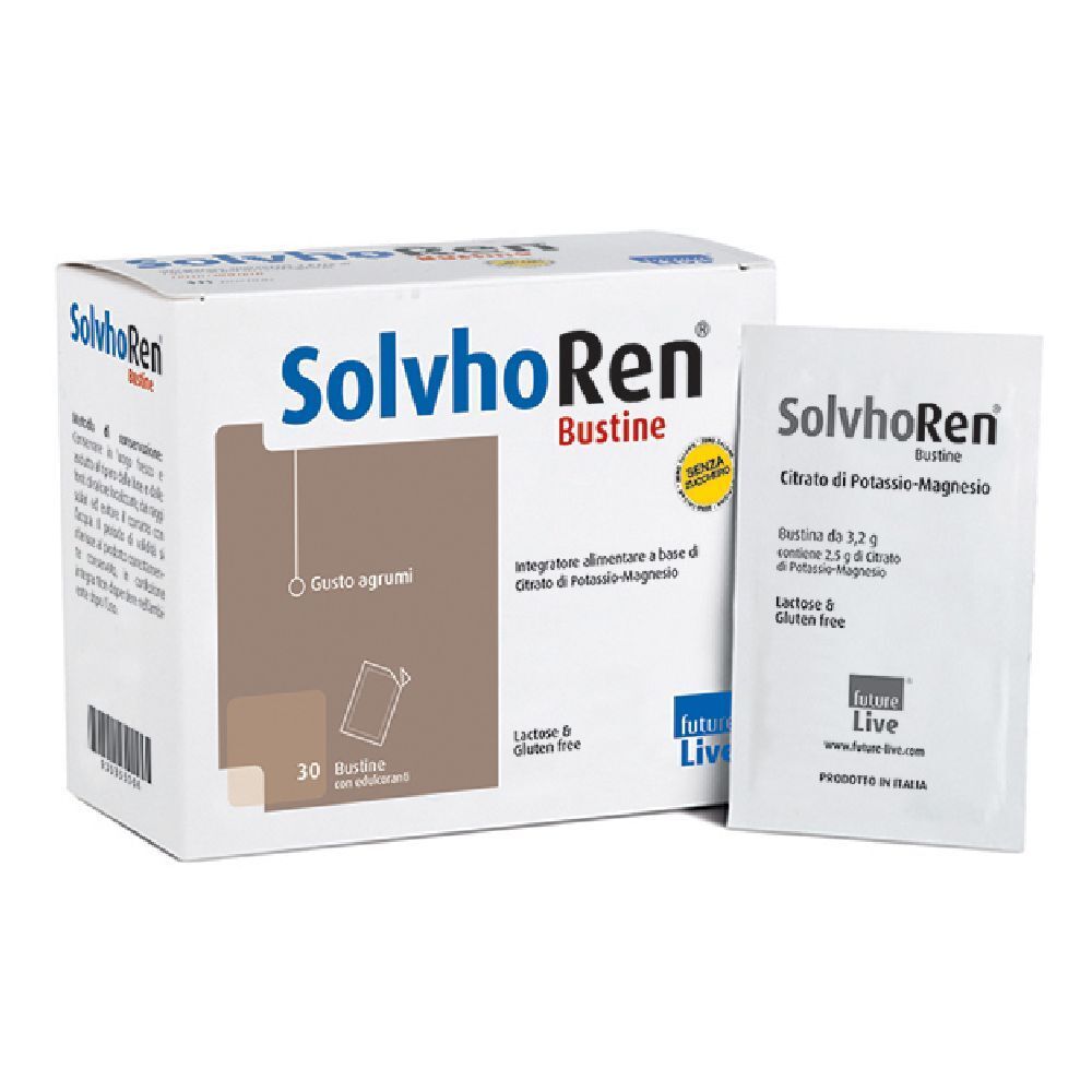 Scatola di Solvhoren Bustine, 30 bustine. Una bustina accanto. Testo: Citrato di Potassio-Magnesio, Lactose & Gluten Free.