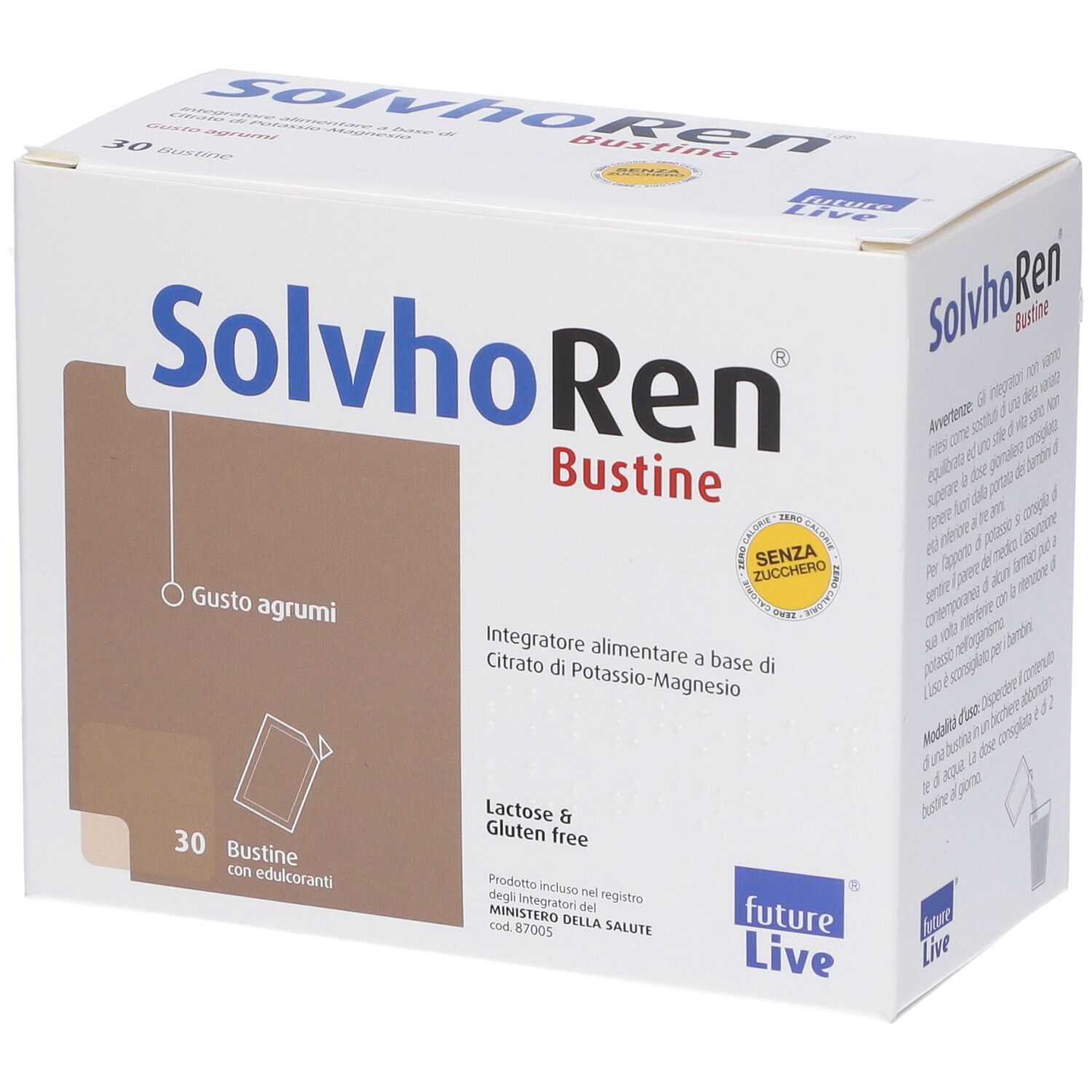 Scatola bianca Solvhoren Bustine, 30 bustine. Testo: Integratore alimentare, senza zucchero, Lactose & Gluten Free. Logo Future Live.