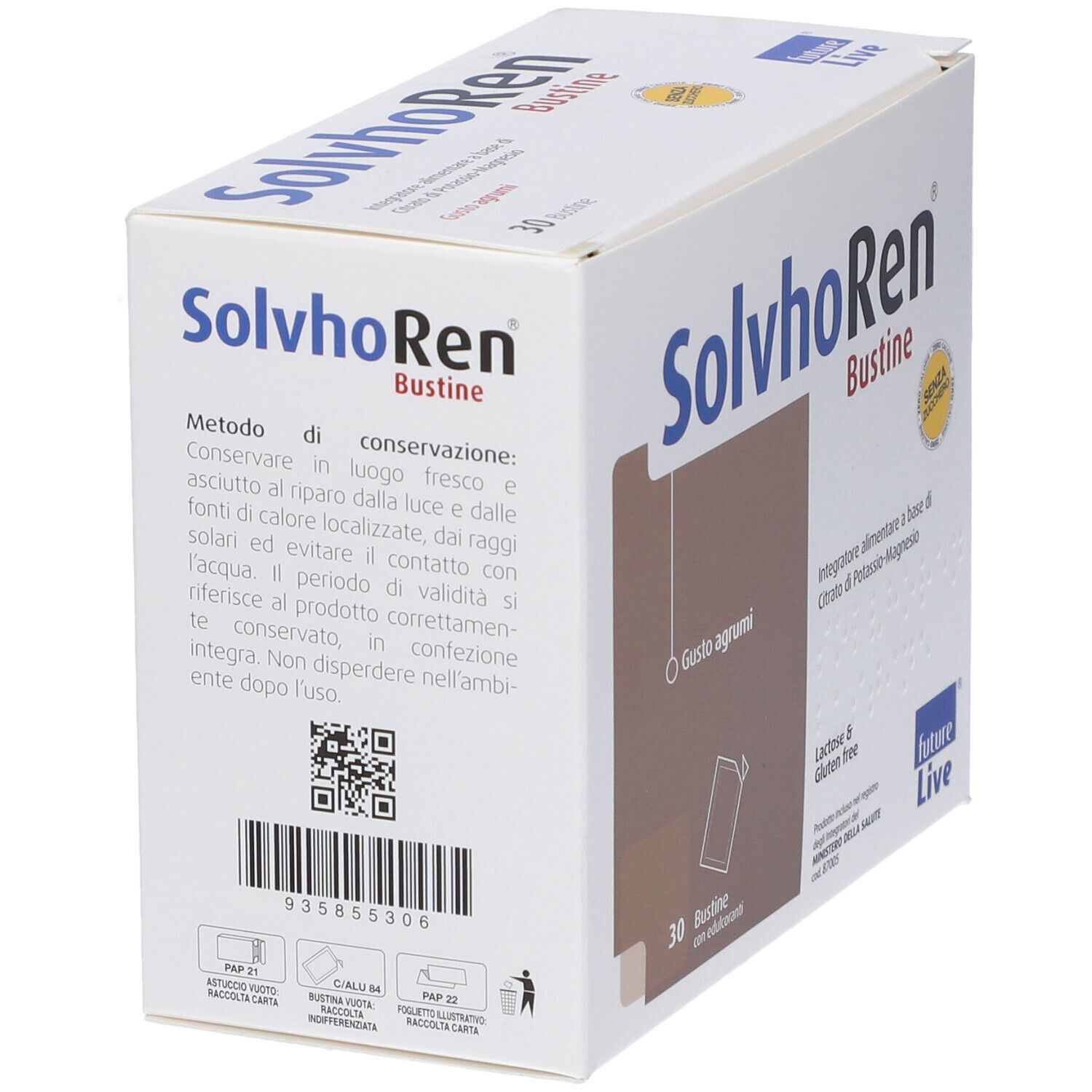 Scatola Solvhoren Bustine, 30 bustine. Testo: Metodo di conservazione, QR-Code, PAP21, C/ALU90, PAP22. Logo Future Live.