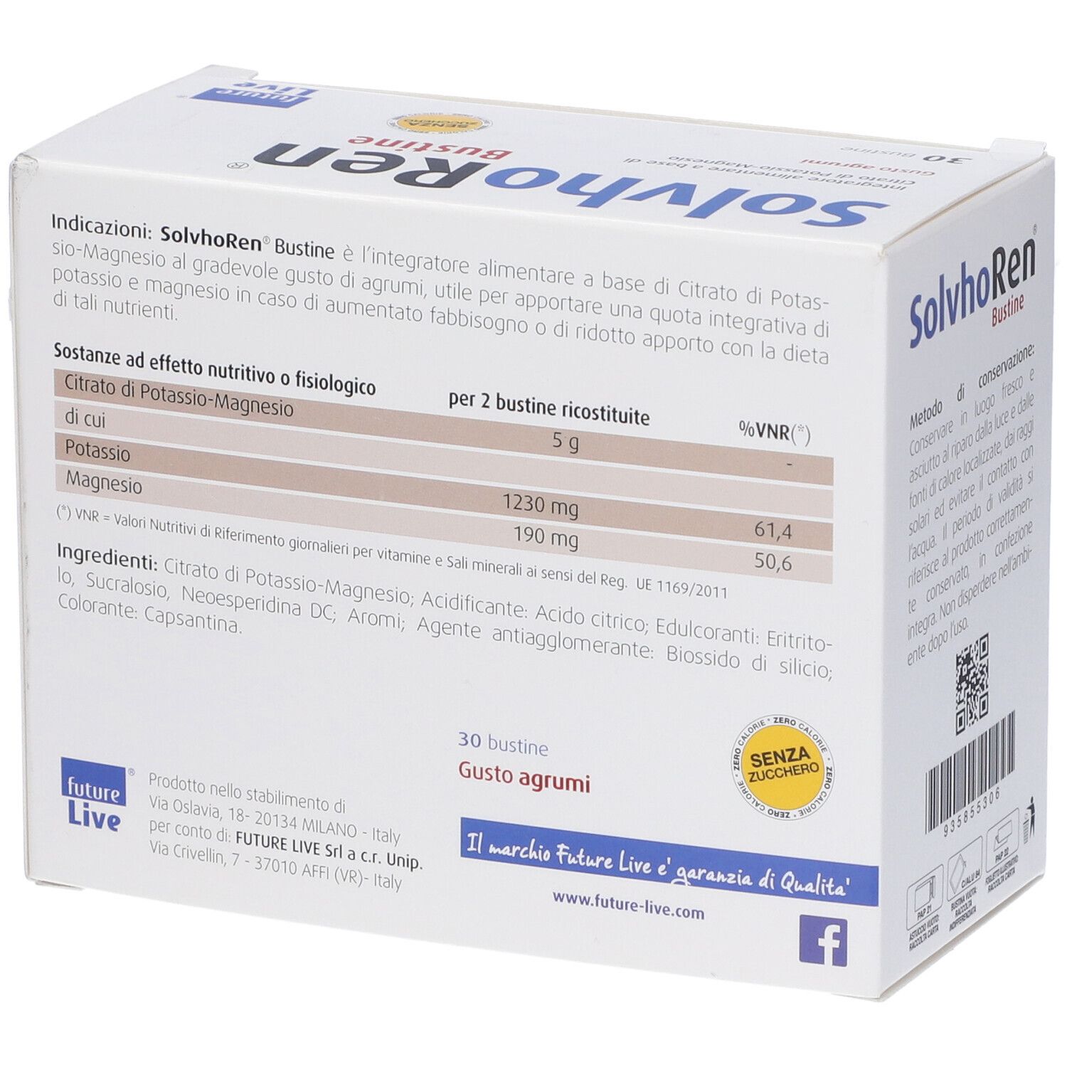 Retro della scatola Solvhoren Bustine. Testo: Citrato di Potassio-Magnesio, 5g, 1230mg, 190mg. Logo Future Live, senza zucchero.