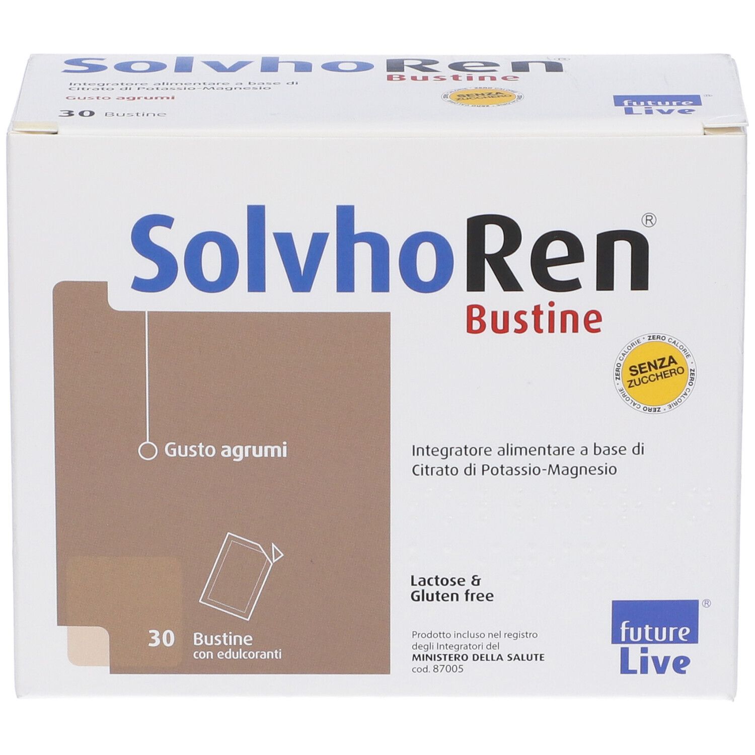 Scatola Solvhoren Bustine, 30 bustine. Testo: Integratore alimentare, senza zucchero, Lactose & Gluten Free. Logo Future Live.