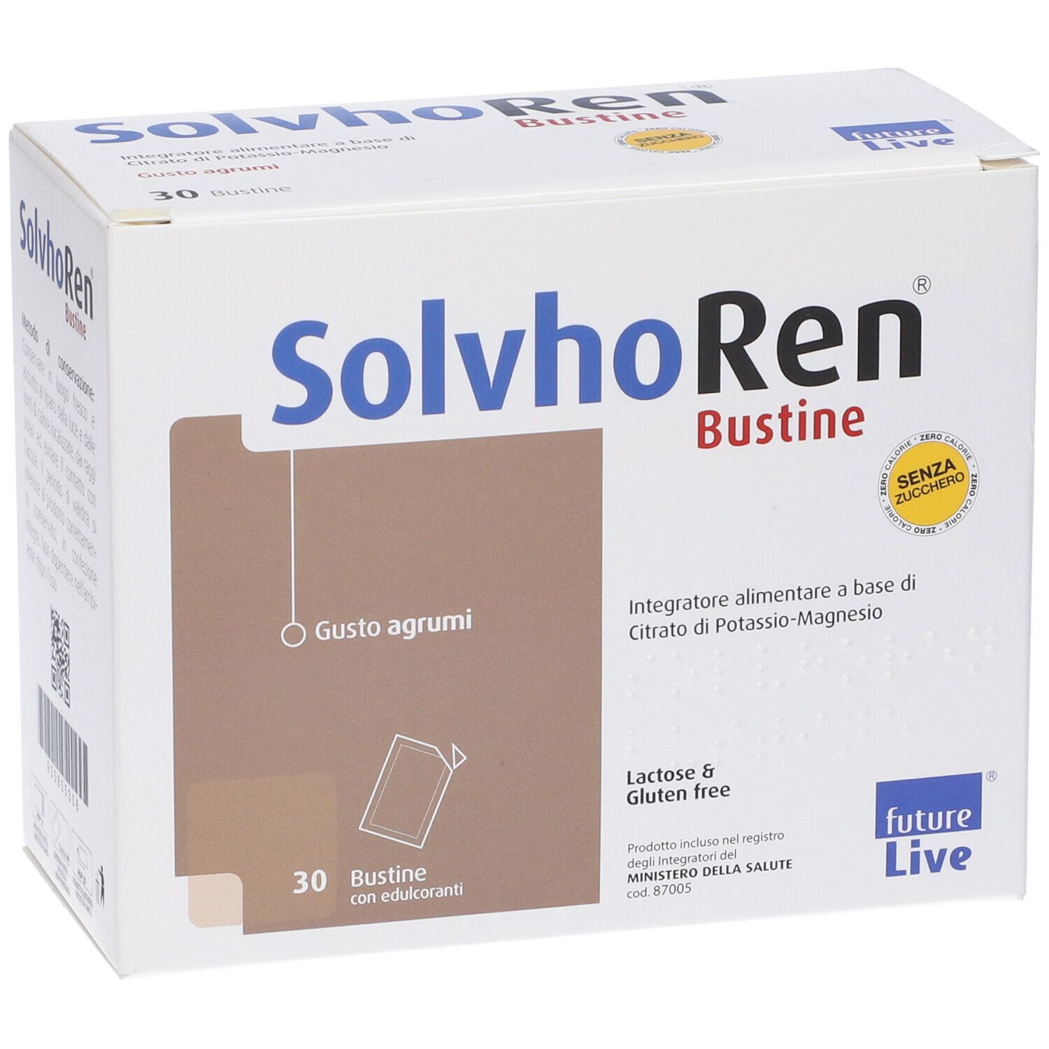 Scatola Solvhoren Bustine, 30 bustine. Testo: Integratore alimentare, senza zucchero, Lactose & Gluten Free. Logo Future Live.