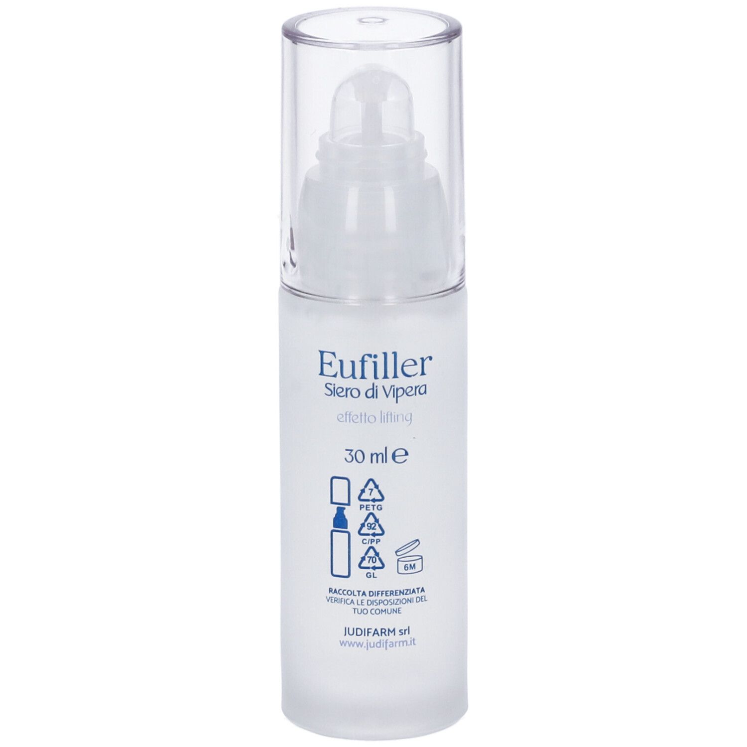 Flacone bianco con tappo trasparente. Scritte: Eufiller, Siero di Vipera, effetto lifting, 30 ml. Simboli di riciclo.