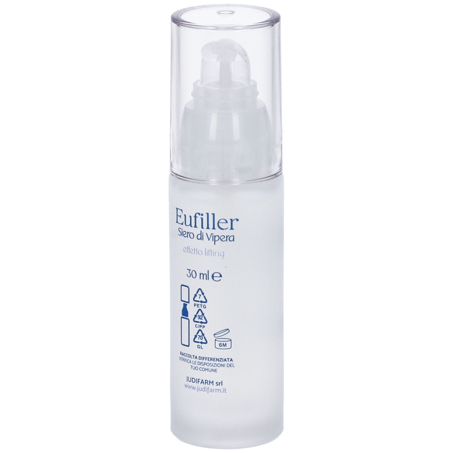 Flacone bianco con tappo trasparente. Scritte: Eufiller, Siero di Vipera, effetto lifting, 30 ml. Simboli di riciclo.