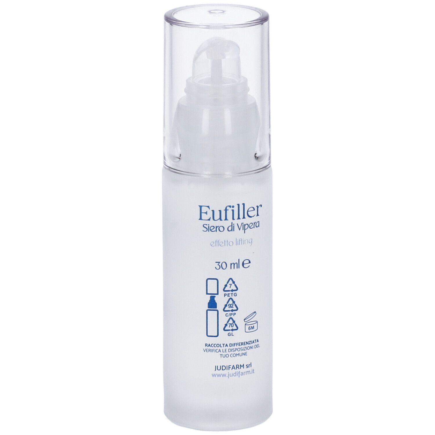 Flacone bianco con tappo trasparente. Scritte: Eufiller, Siero di Vipera, effetto lifting, 30 ml. Simboli di riciclo.
