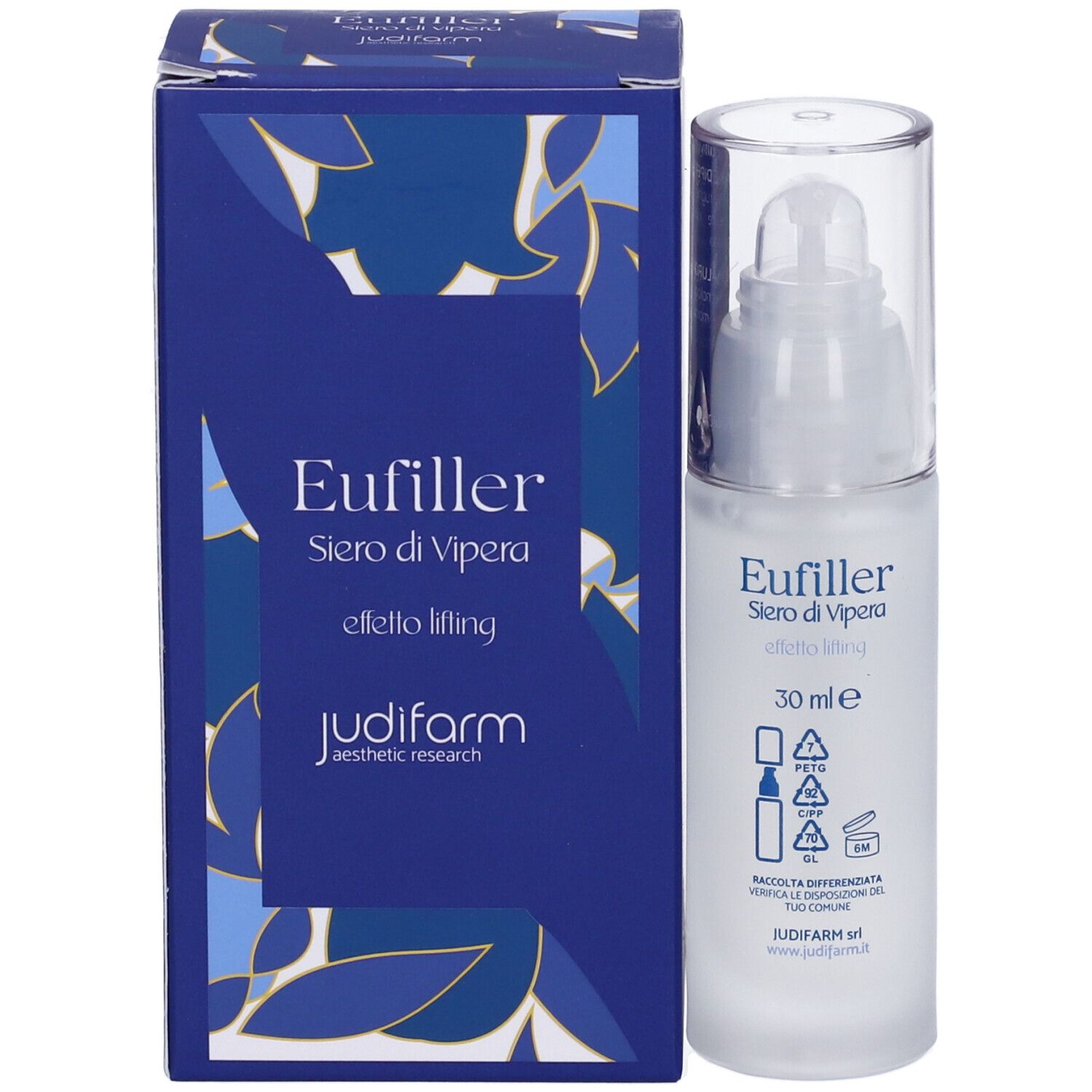 Confezione prodotto con flacone. Scatola blu con scritte: Eufiller, Siero di Vipera, effetto lifting, judifarm.
