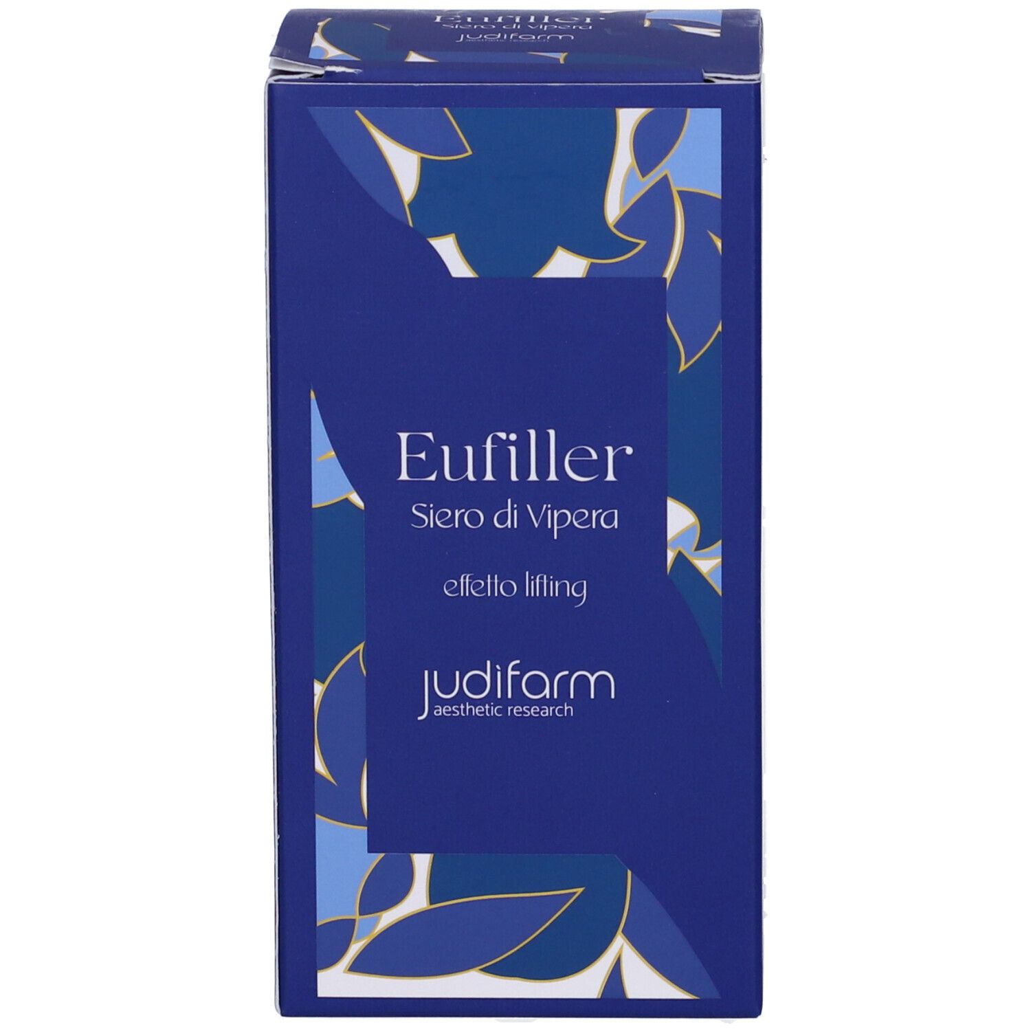 Confezione prodotto blu. Scritte: Eufiller, Siero di Vipera, effetto lifting, judifarm.