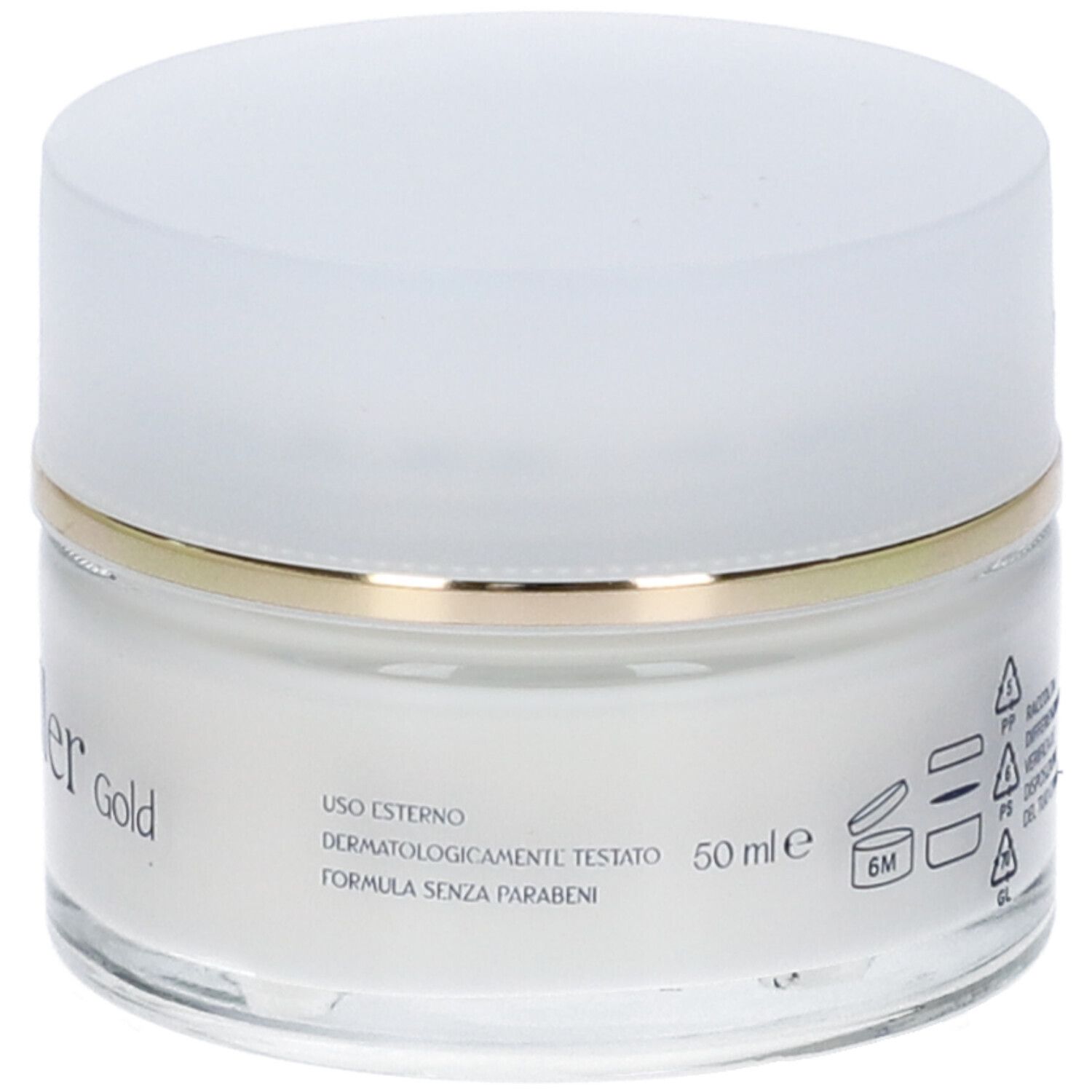 Pot de crème avec couvercle blanc et bord doré. Inscription : Eufiller Gold, 50 ml. Texte : Uso esterno.