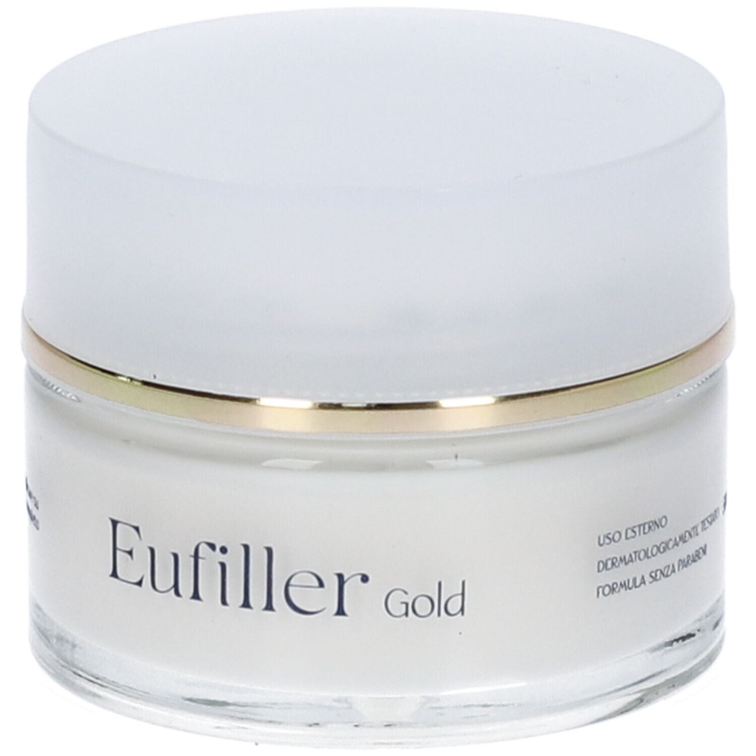 Pot de crème avec couvercle blanc et bord doré. Inscription : Eufiller Gold. Texte : Uso esterno.