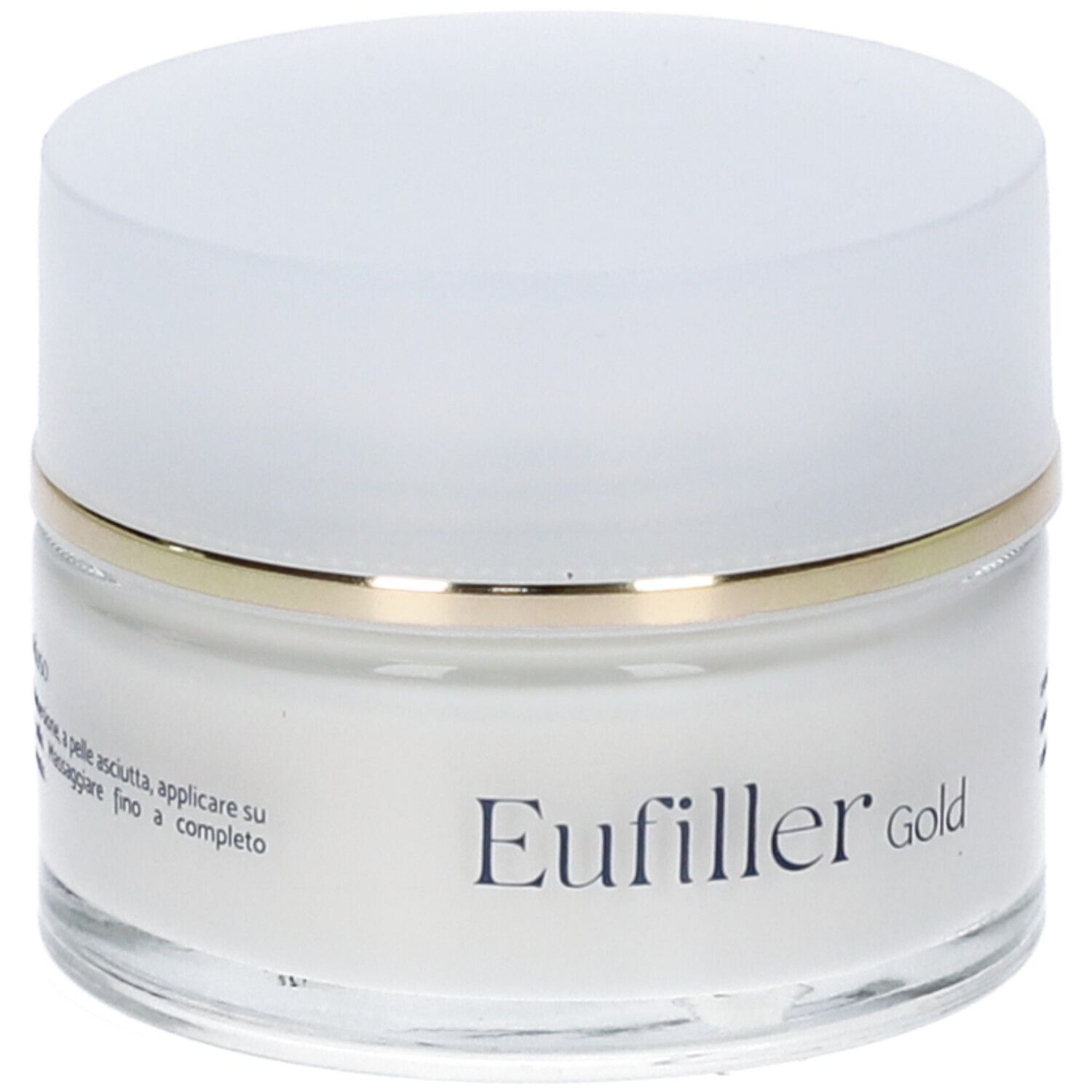 Pot de crème avec couvercle blanc et bord doré. Inscription : Eufiller Gold. Texte : Modo d'uso.