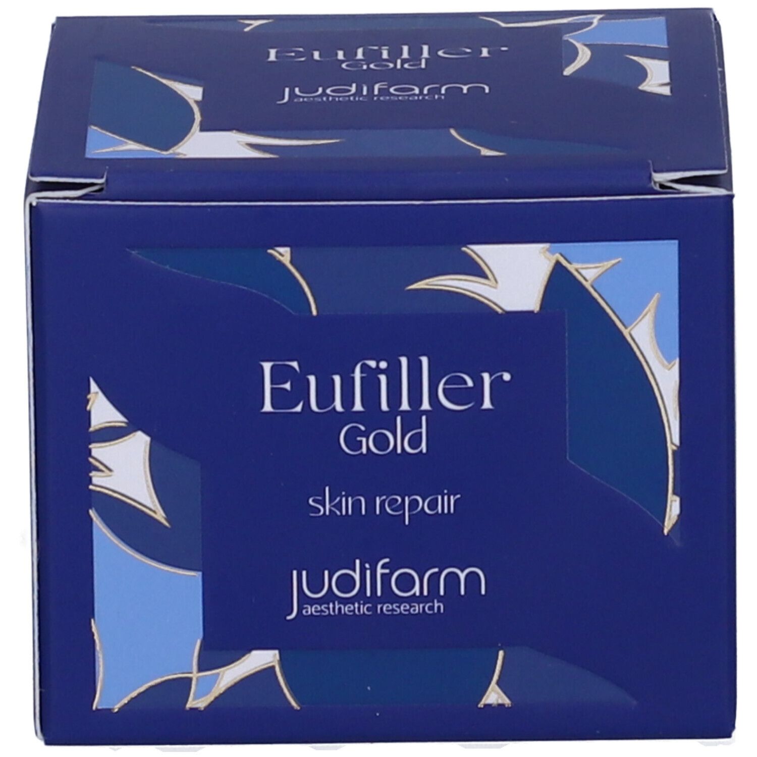Boîte bleue avec inscription : Eufiller Gold, skin repair, Judifarm.