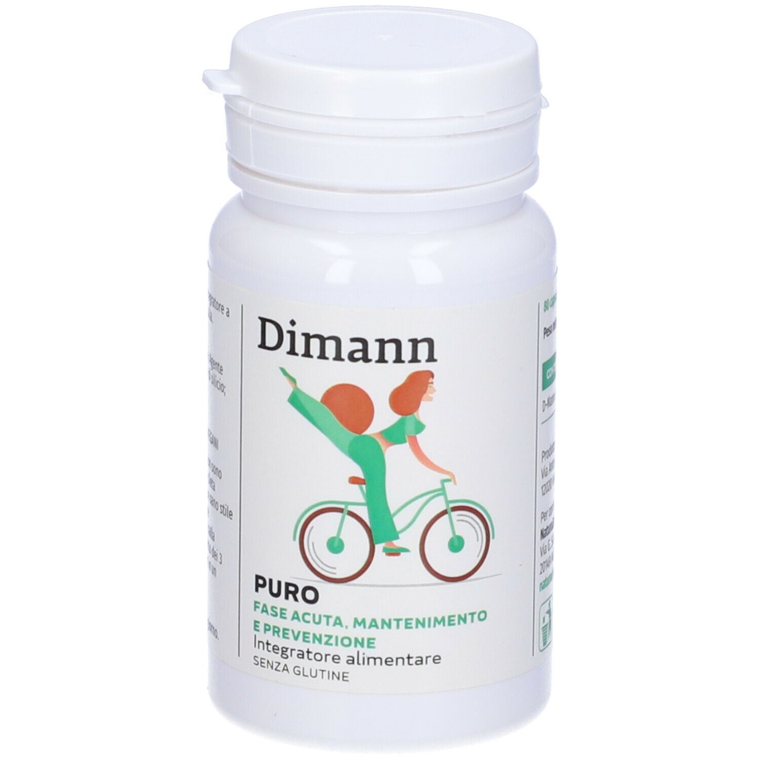 Flacone bianco con capsule. Scritta Dimann, illustrazione donna in bici. Testo: Puro, integratore alimentare.