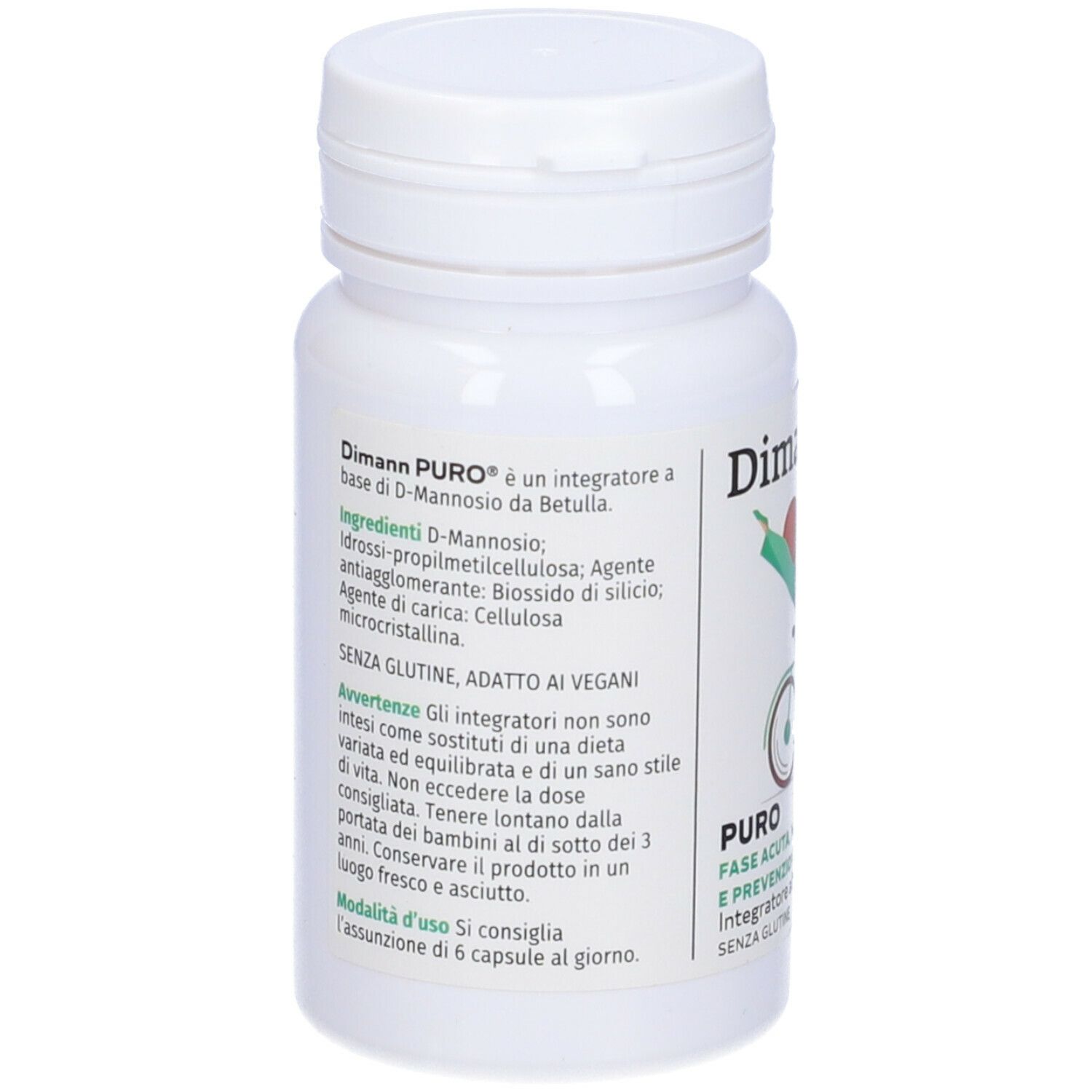 Flacone bianco con capsule. Retro con ingredienti e avvertenze. Testo: Dimann Puro, senza glutine, adatto ai vegani.