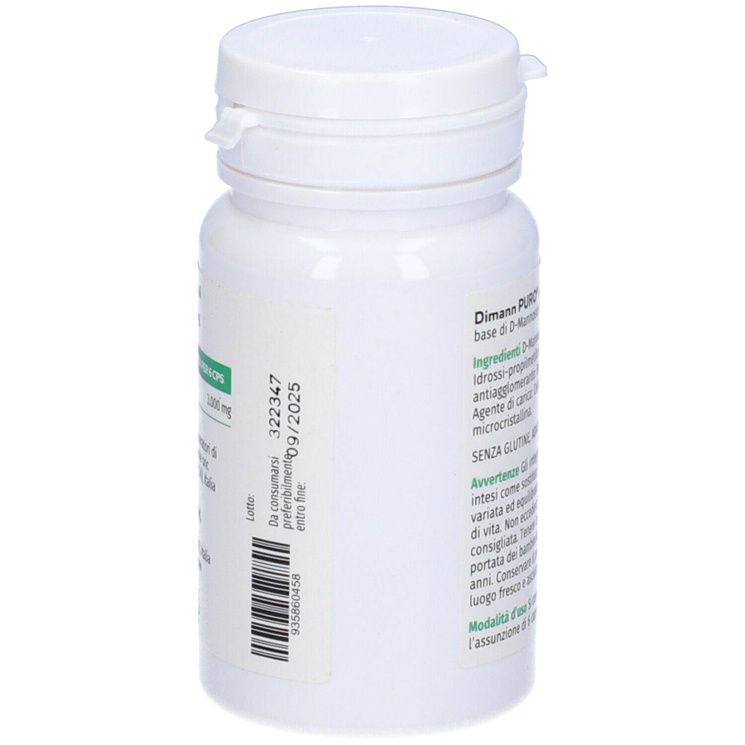 Flacone bianco con capsule. Lato con data di scadenza e codice a barre. Testo: Dimann Puro, senza glutine.