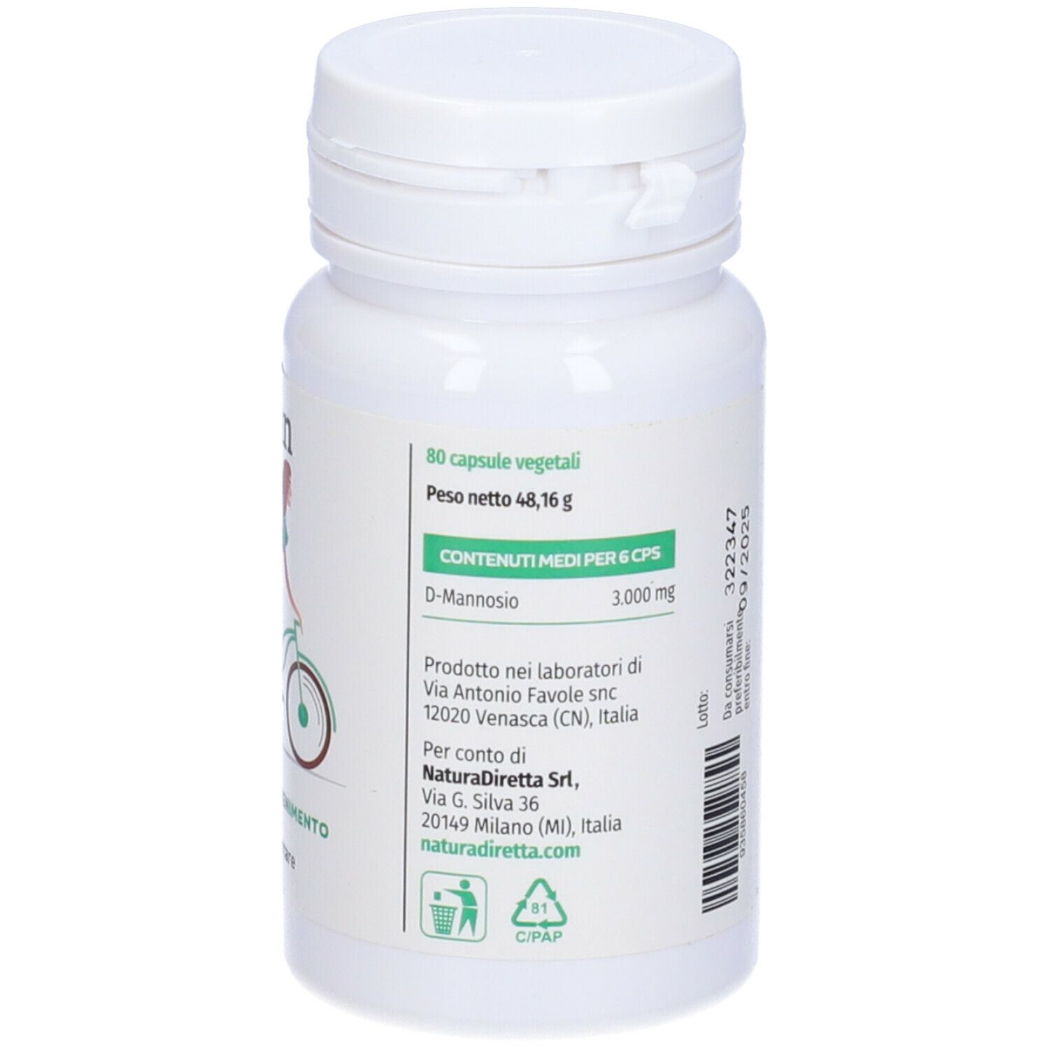 Flacone bianco con capsule. Retro con ingredienti e informazioni produttore. Testo: 80 capsule vegetali, D-Mannosio.