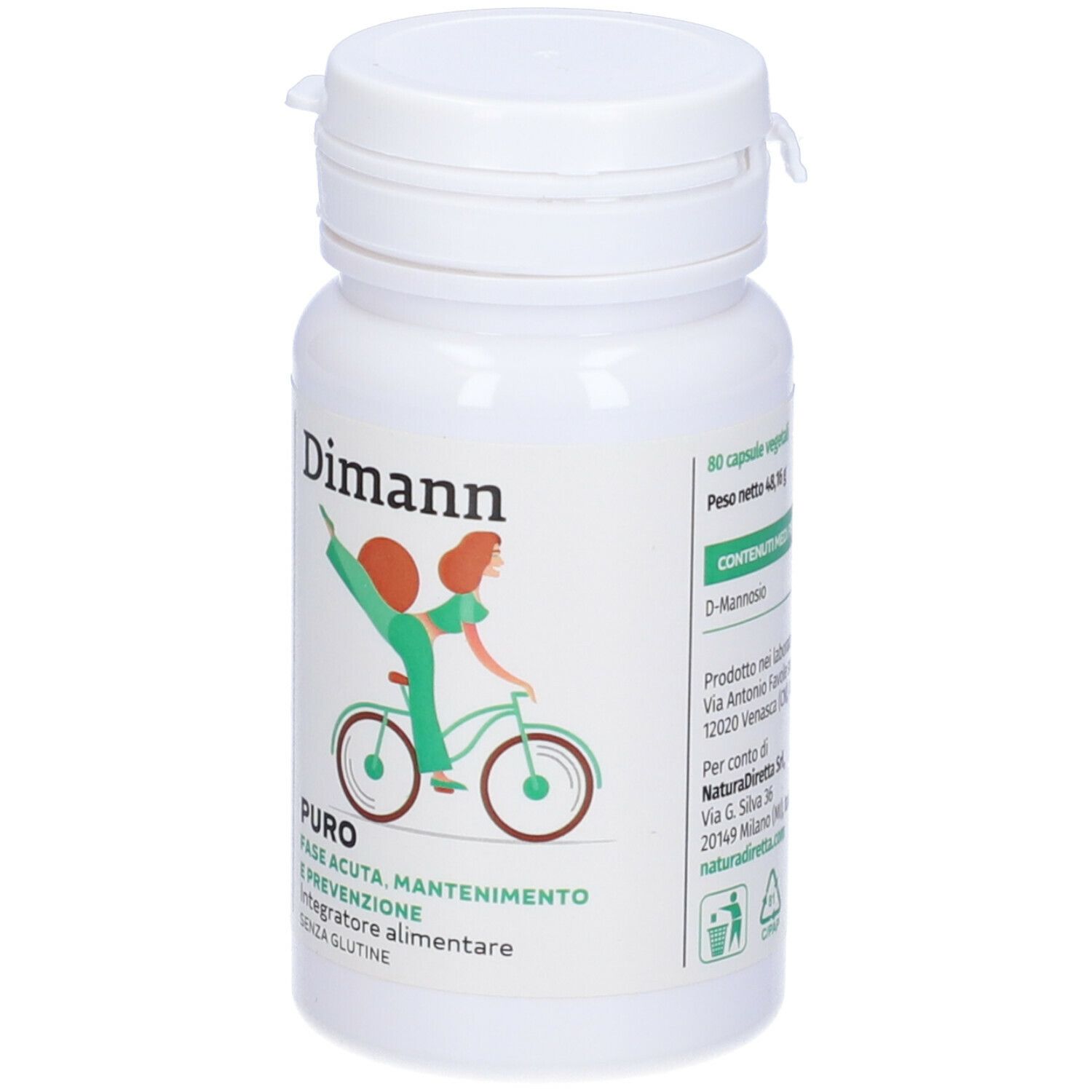 Flacone bianco con capsule. Fronte con nome prodotto e illustrazione. Testo: Dimann, Puro, integratore alimentare.