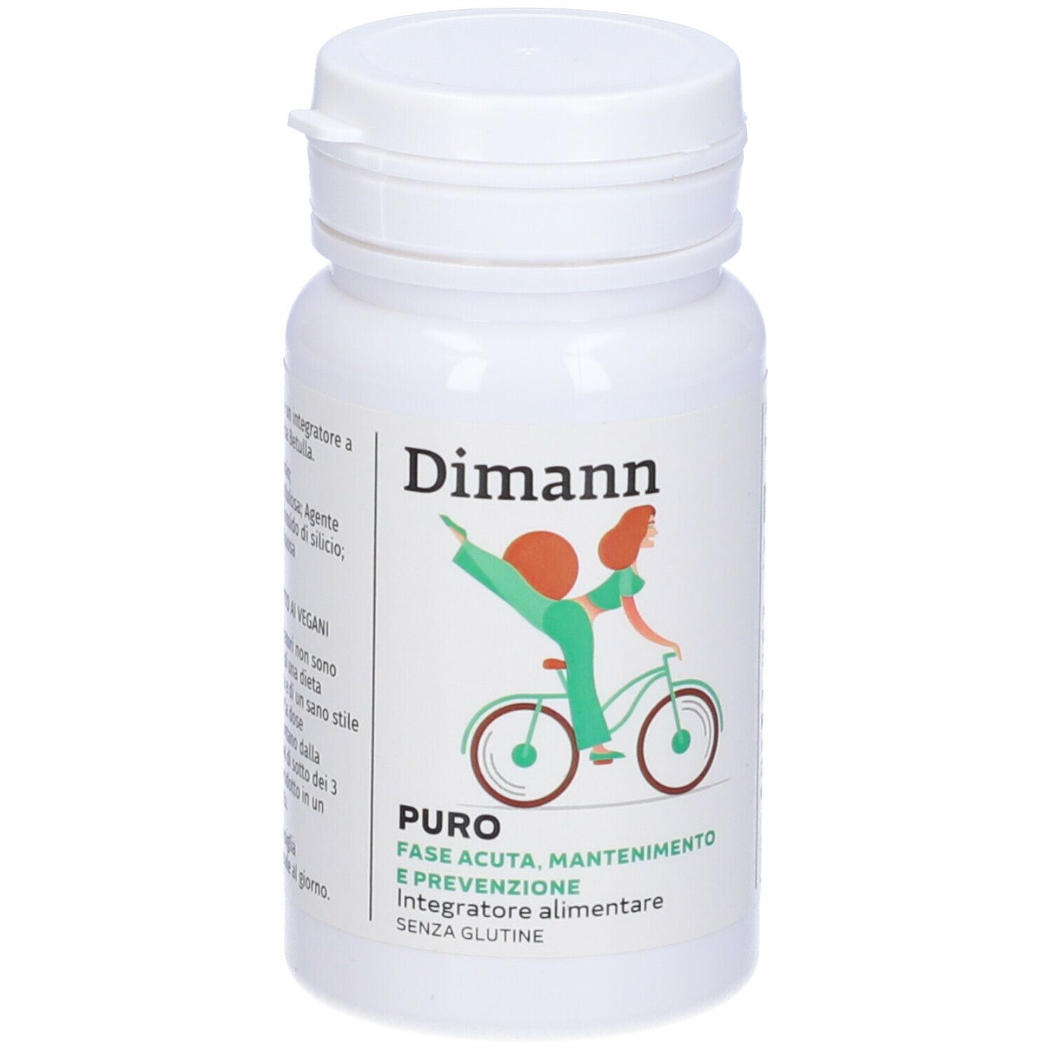 Flacone bianco con capsule. Fronte con nome prodotto e illustrazione. Testo: Dimann, Puro, integratore alimentare.