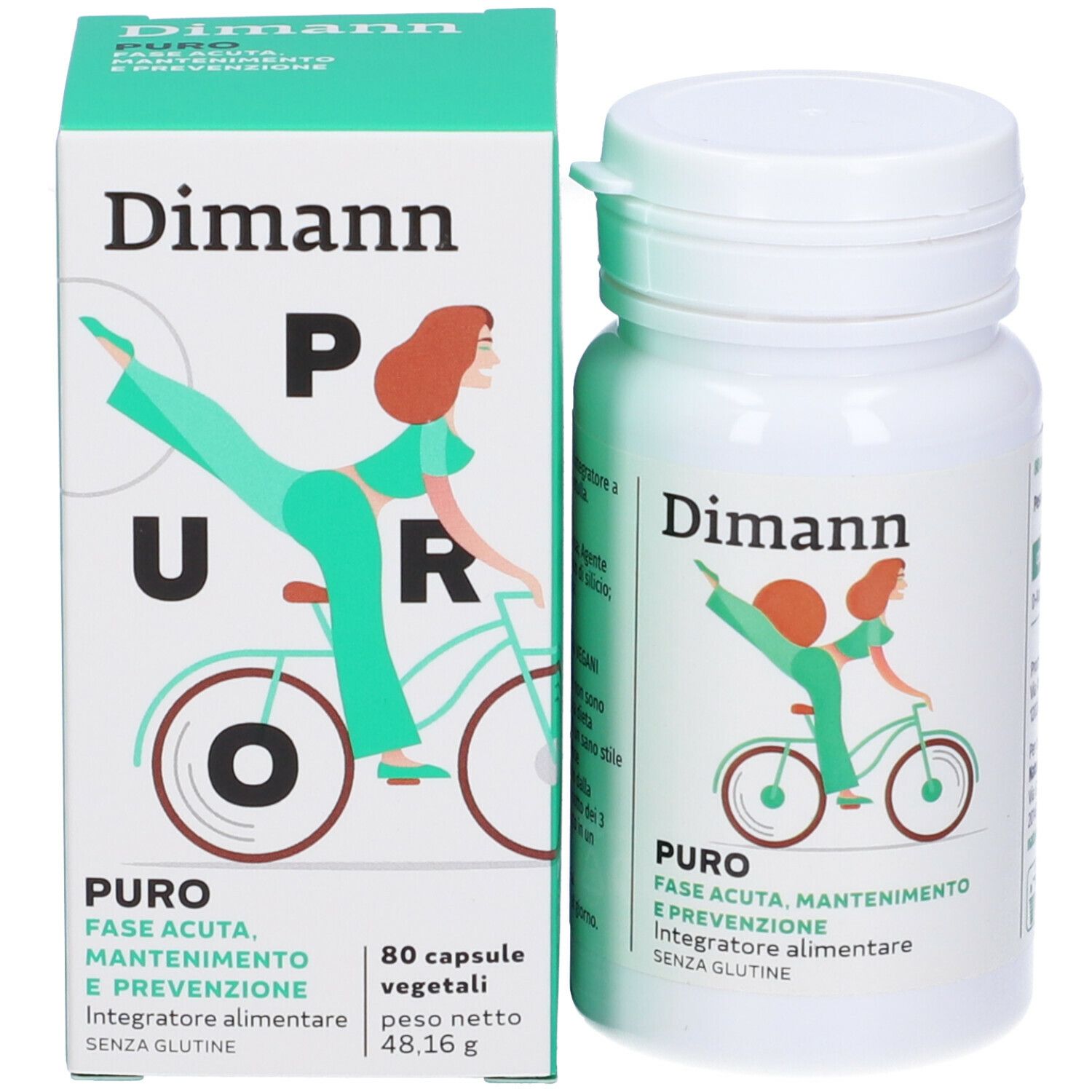 Confezione del prodotto con flacone e scatola. Scritta Dimann, illustrazione donna in bici. Testo: Puro, 80 capsule.