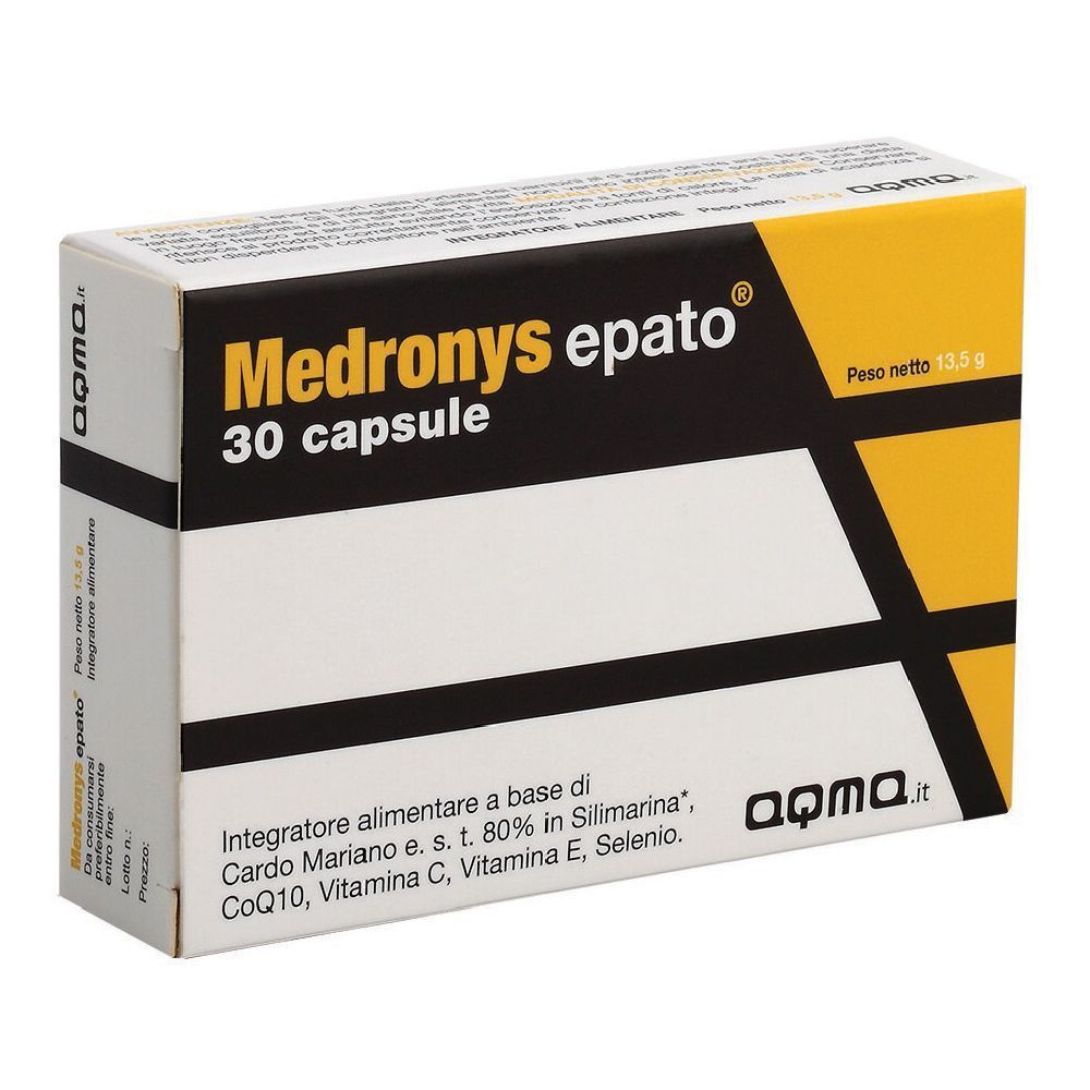 Scatola Medronys epato, 30 capsule. Giallo, nero e bianco. Peso netto 13,5 g. Aqma.it.