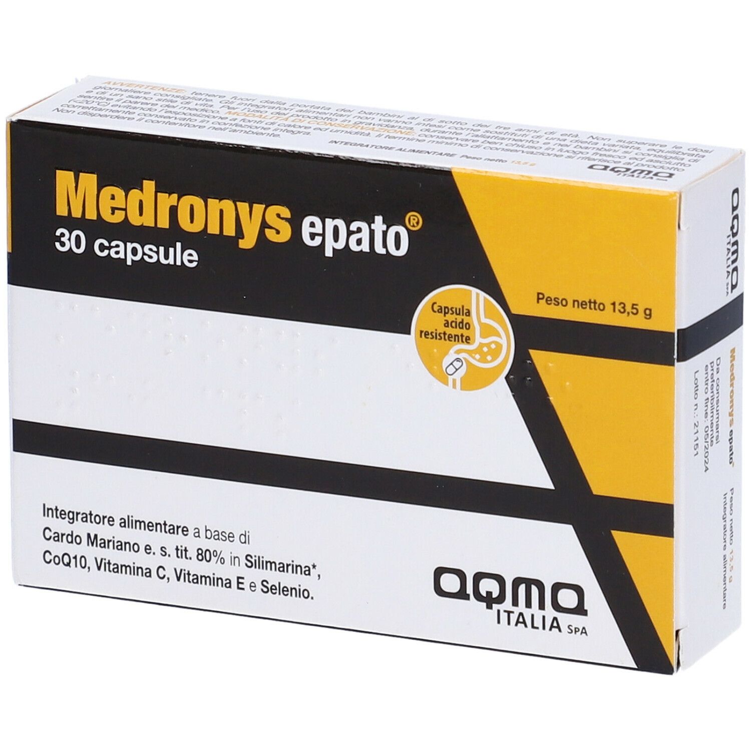 Scatola Medronys epato, 30 capsule. Giallo, nero e bianco. Simbolo capsula. Aqma Italia Spa.