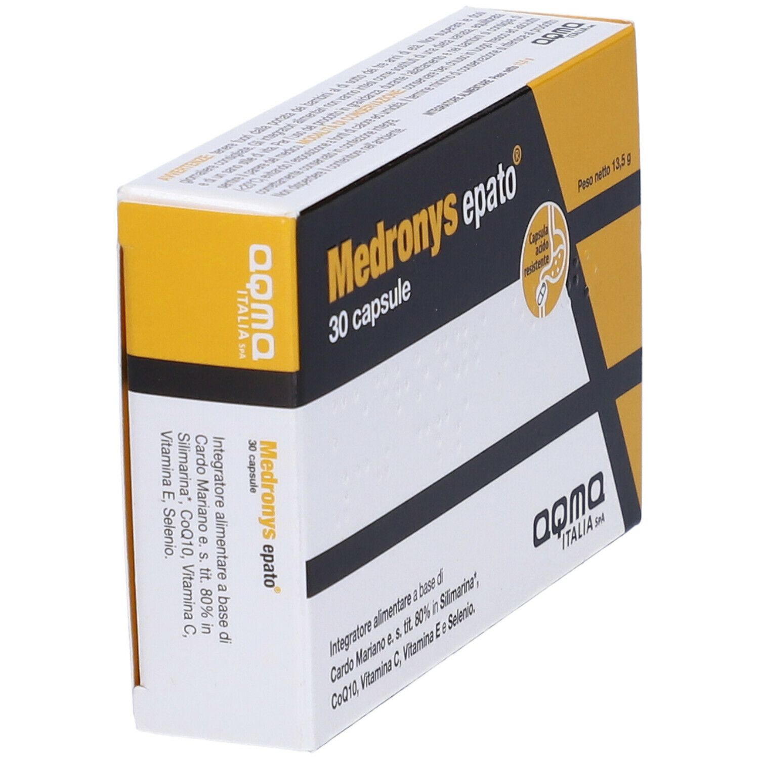 Scatola Medronys epato, 30 capsule. Giallo, nero e bianco. Aqma Italia. Prodotto di lato.