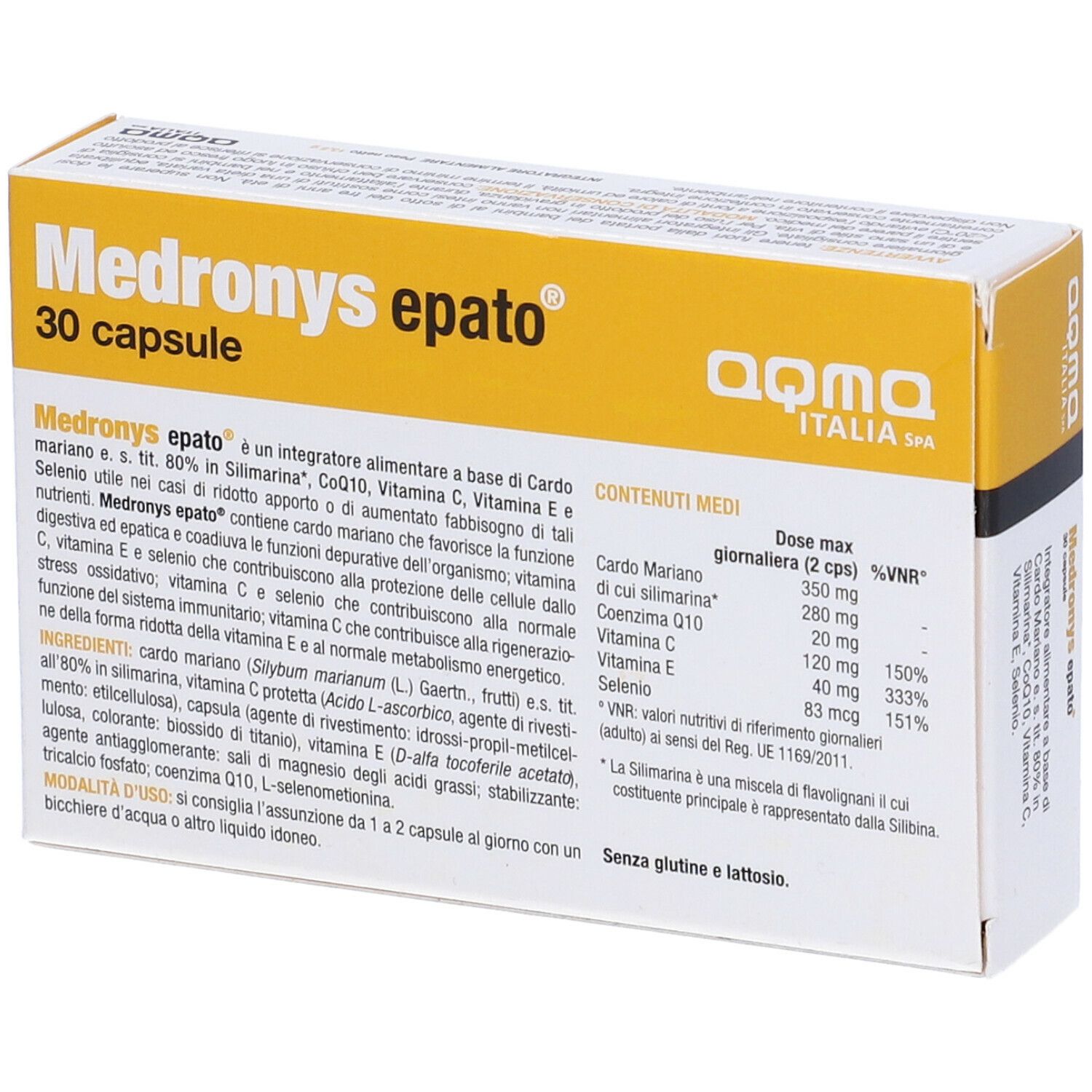Scatola Medronys epato, 30 capsule. Giallo, nero e bianco. Informazioni prodotto. Aqma Italia.