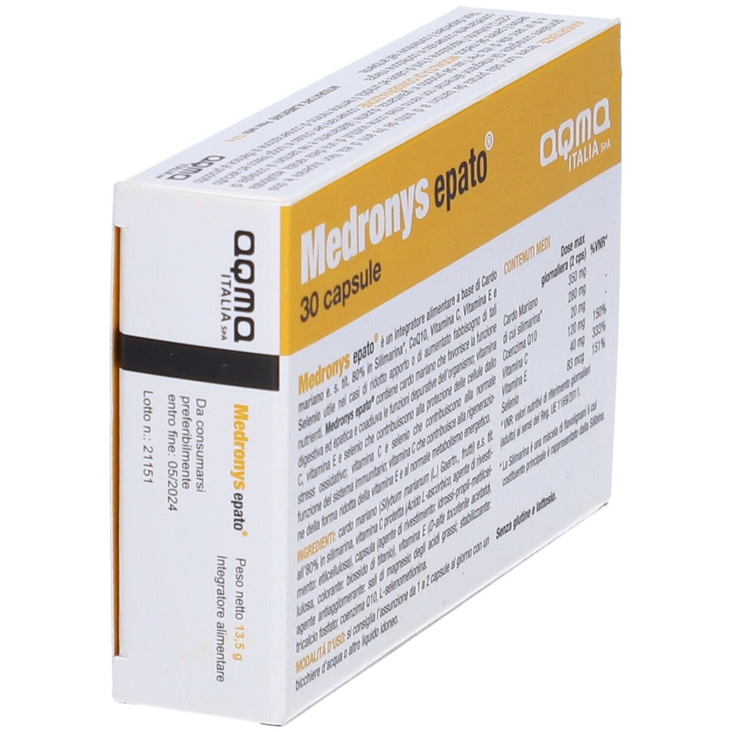 Scatola Medronys epato, 30 capsule. Giallo, nero e bianco. Prodotto di lato. Aqma Italia.