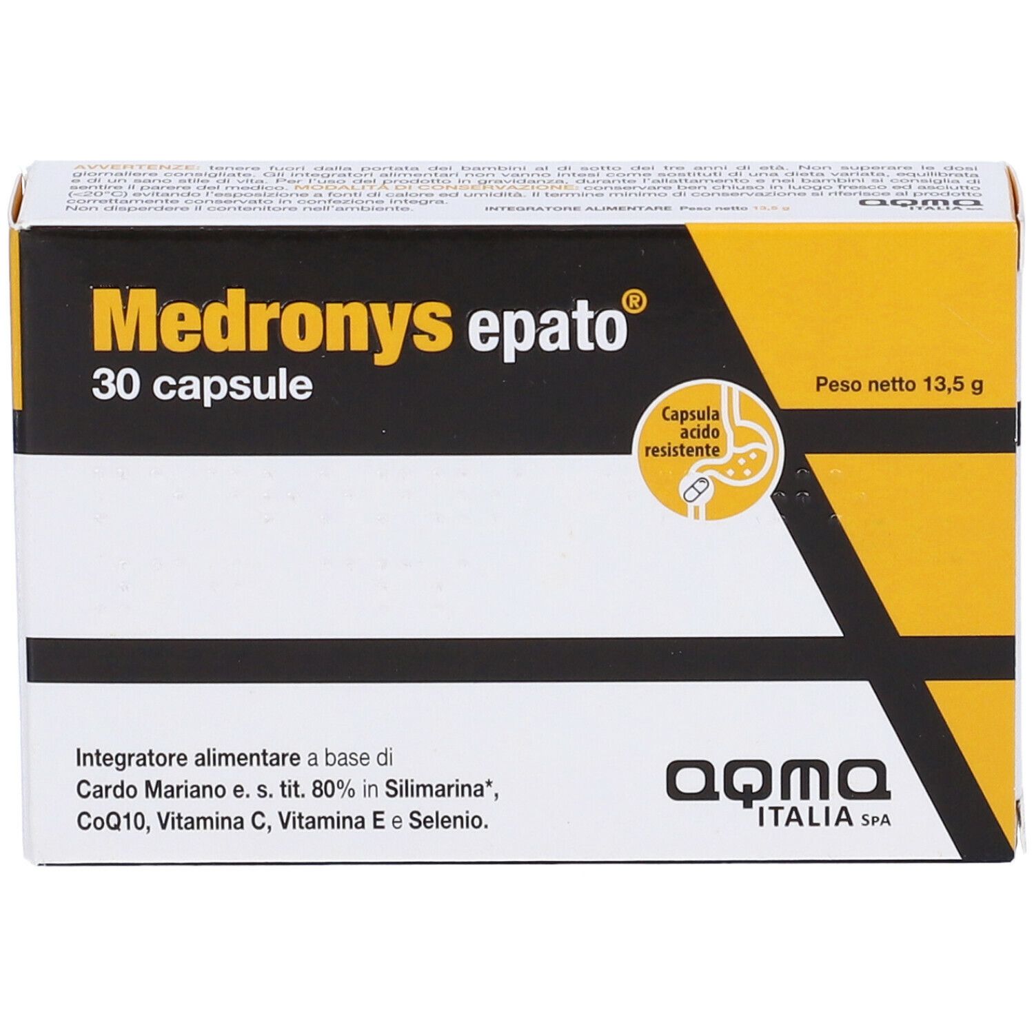 Scatola Medronys epato, 30 capsule. Giallo, nero e bianco. Simbolo capsula. Aqma Italia.
