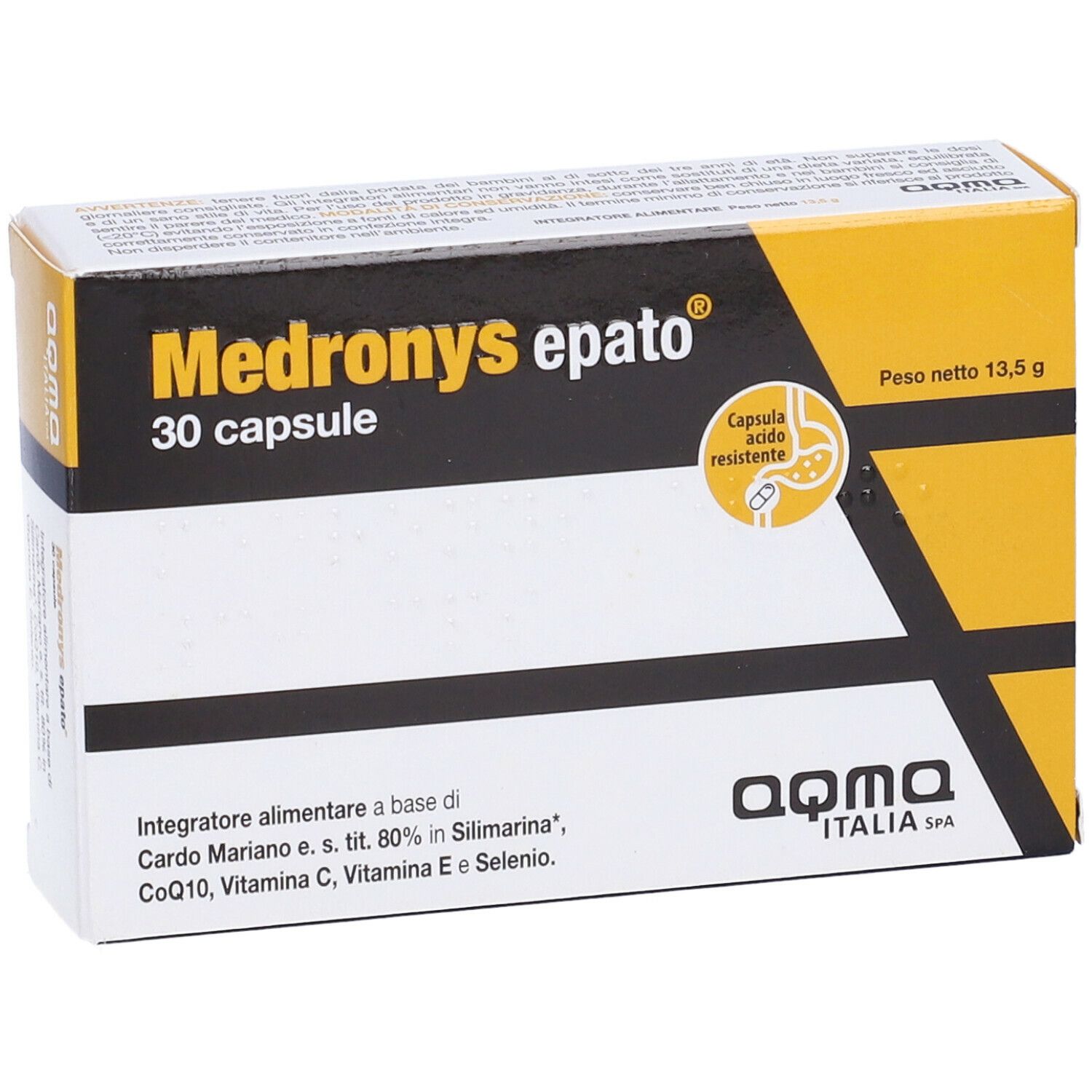Scatola Medronys epato, 30 capsule. Giallo, nero e bianco. Simbolo capsula. Aqma Italia.