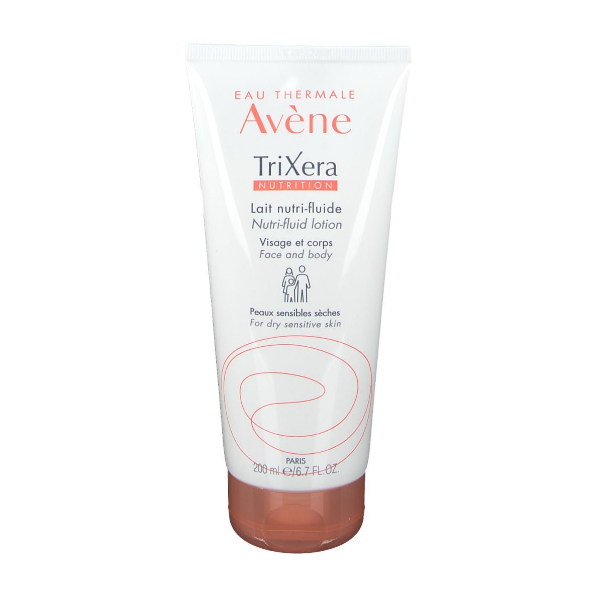 Weiße Tube "Avène TriXera Nutrition". Für trockene, empfindliche Haut. Gesicht und Körper. 200 ml.
