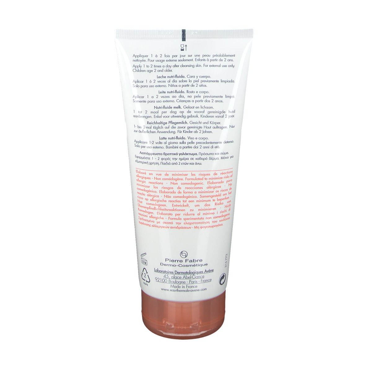 Rückseite der Tube "Avène TriXera Nutrition". Text in mehreren Sprachen. Anwendungsanweisungen.