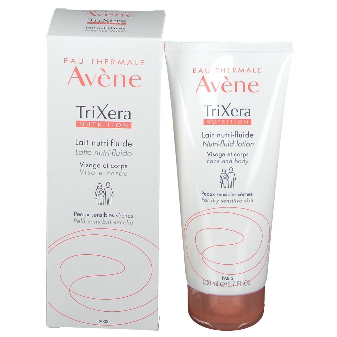 Produkt und Verpackung "Avène TriXera Nutrition". Tube und Karton. Für trockene, empfindliche Haut.