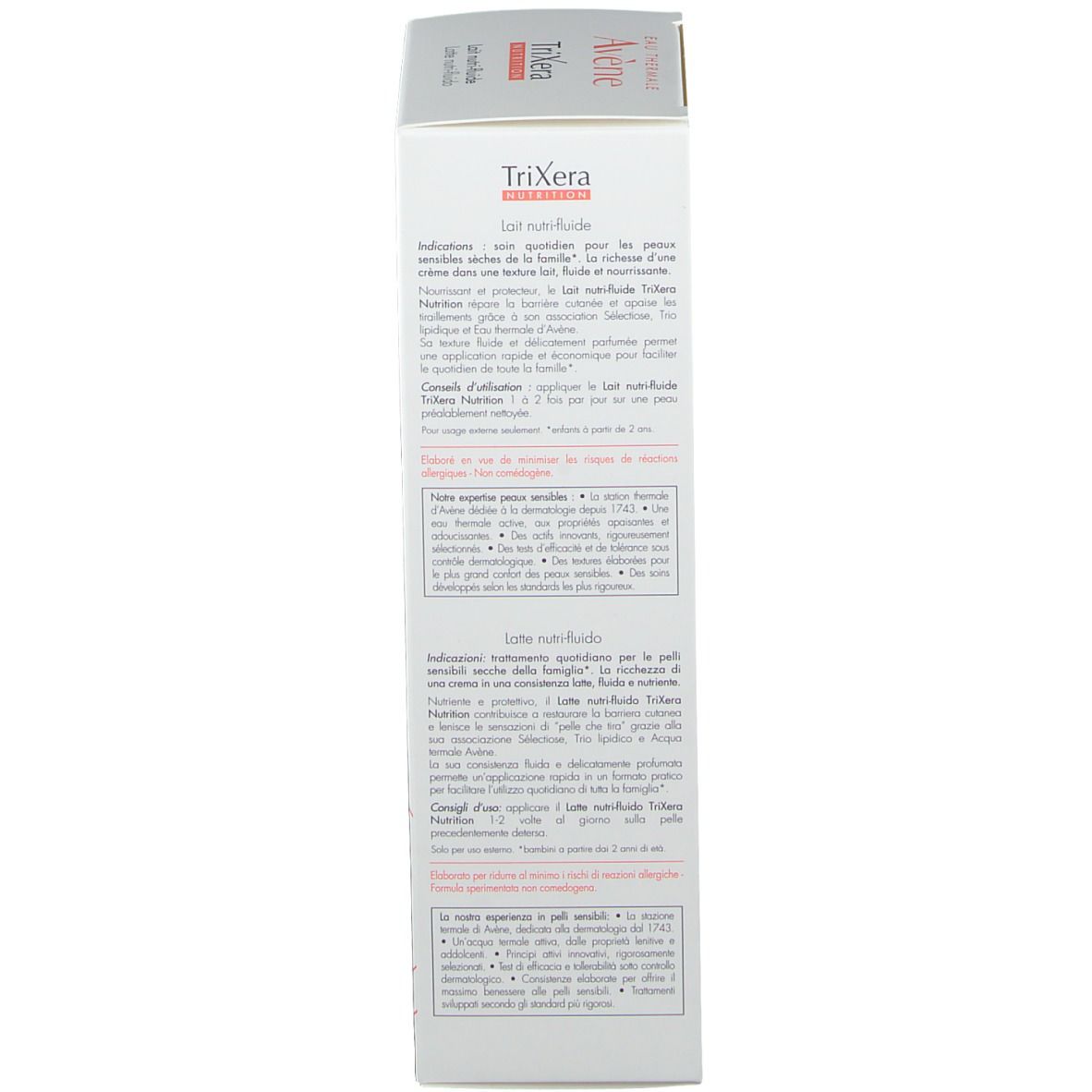 Seite der Verpackung "Avène TriXera Nutrition". Produktinformationen und Text in mehreren Sprachen.