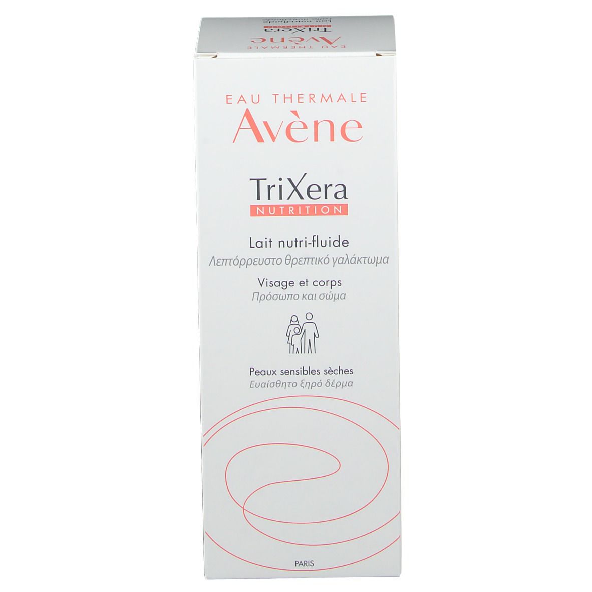 Karton "Avène TriXera Nutrition". Produktinformationen und Text in mehreren Sprachen.