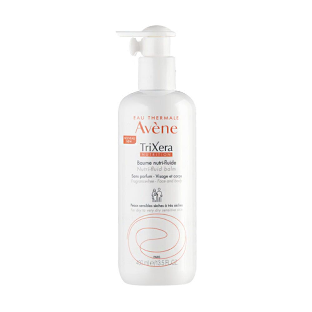 Flacone bianco con dosatore. Scritta: Avène TriXera Nutrition Baume nutri-fluide. Per pelli molto secche.