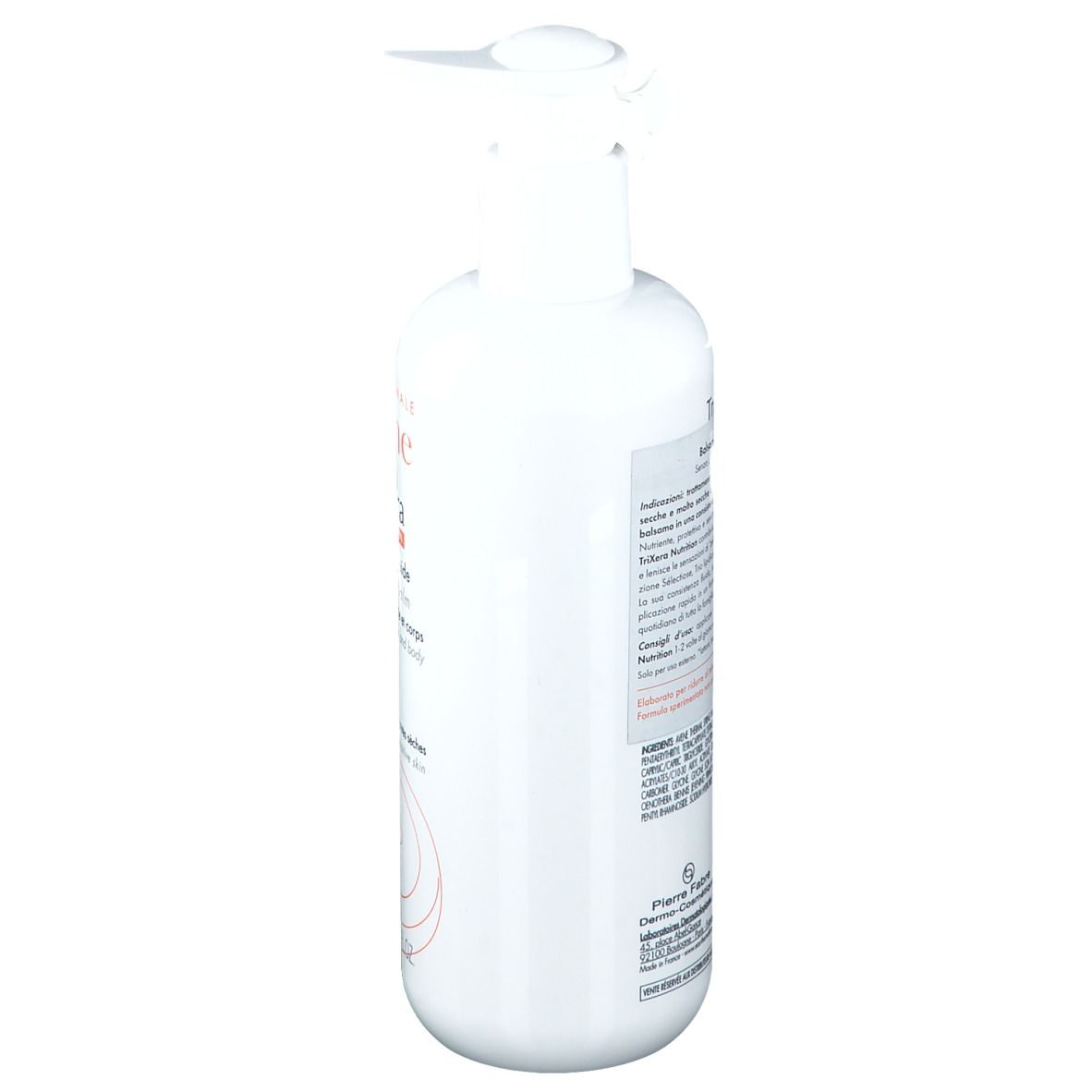 Flacone bianco con dosatore. Scritta: Avène TriXera Nutrition Baume nutri-fluide. Testo sul retro.