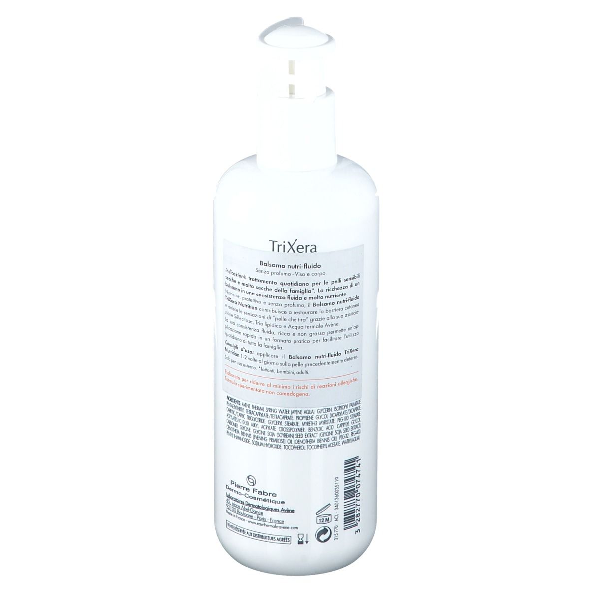 Flacone bianco con dosatore. Scritta: Avène TriXera Nutrition Baume nutri-fluide. Testo sul retro.