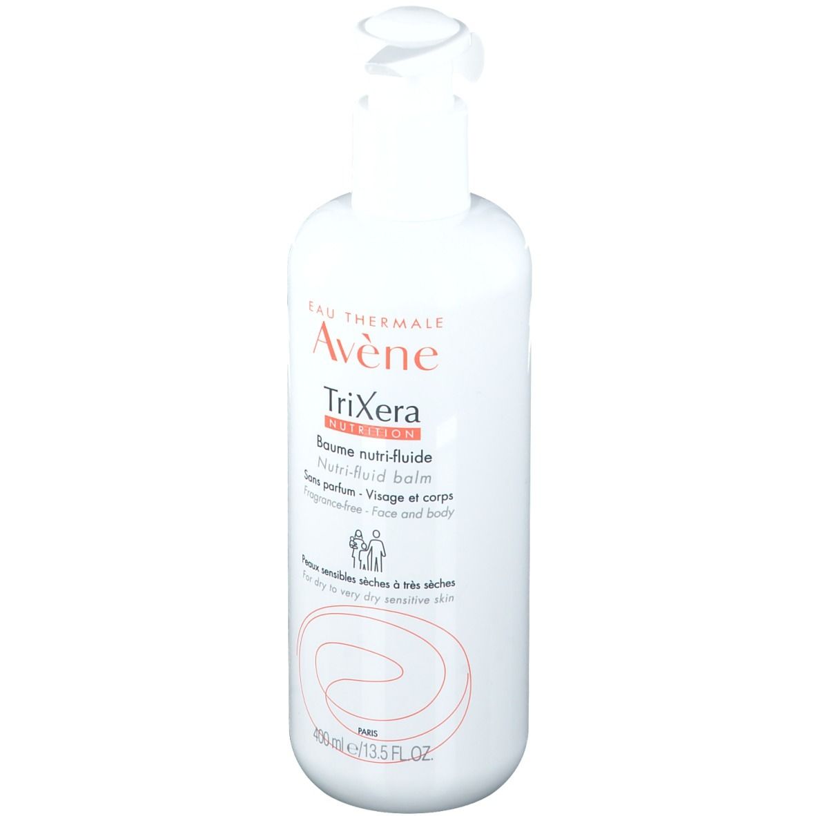 Flacone bianco con dosatore. Scritta: Avène TriXera Nutrition Baume nutri-fluide. Viso e corpo.