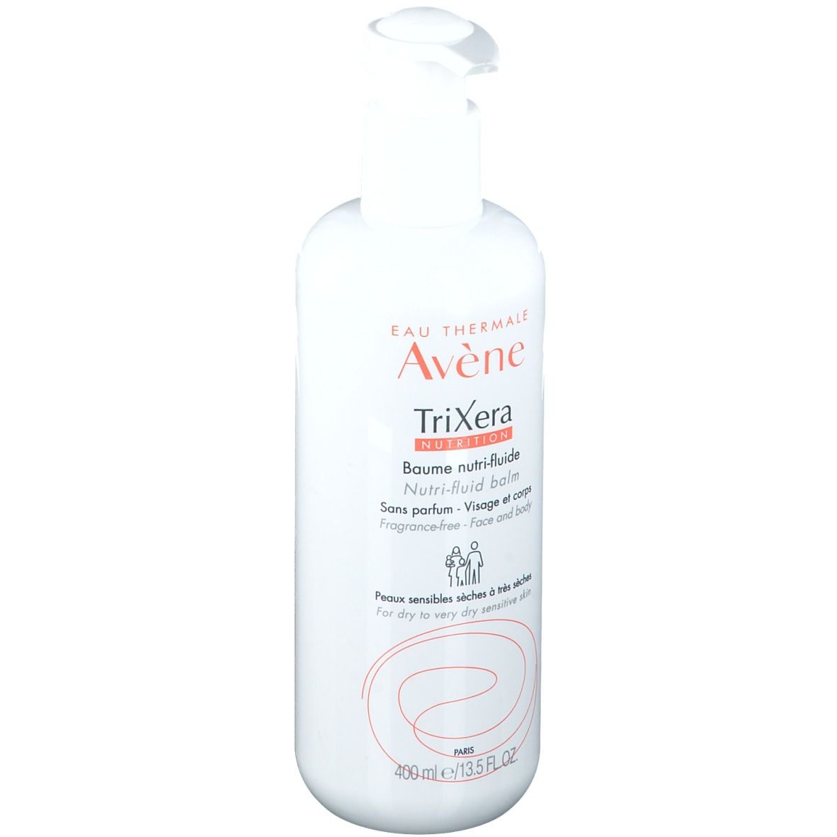Flacone bianco con dosatore. Scritta: Avène TriXera Nutrition Baume nutri-fluide. Viso e corpo.