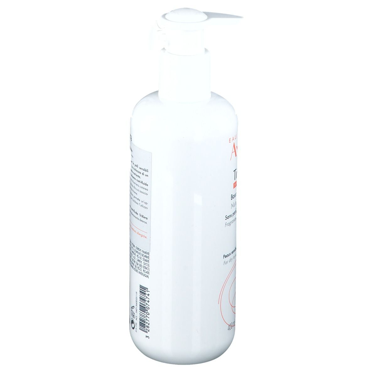 Flacone bianco con dosatore. Scritta: Avène TriXera Nutrition Baume nutri-fluide. Testo sul retro.