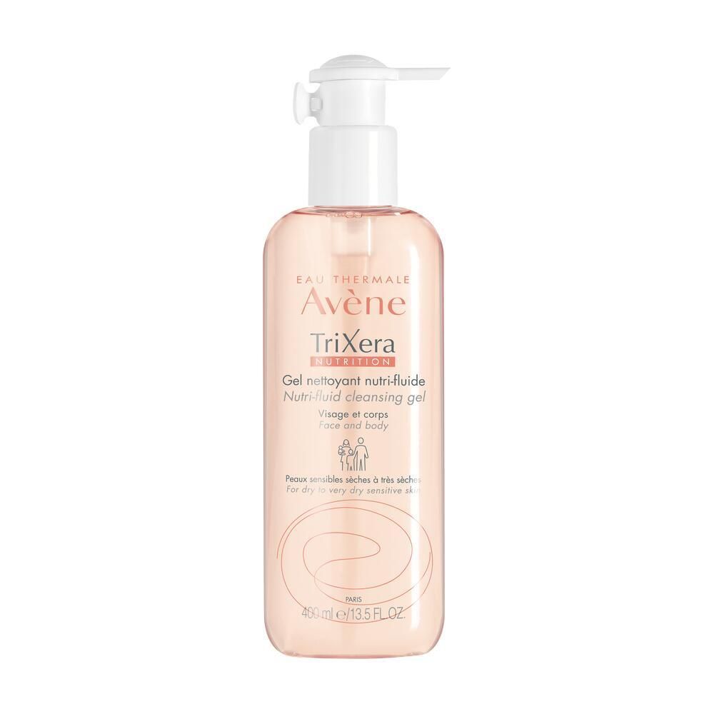 Flacon transparent avec pompe blanche. Inscription: Avène TriXera Nutrition, Gel nettoyant nutritif, visage et corps.