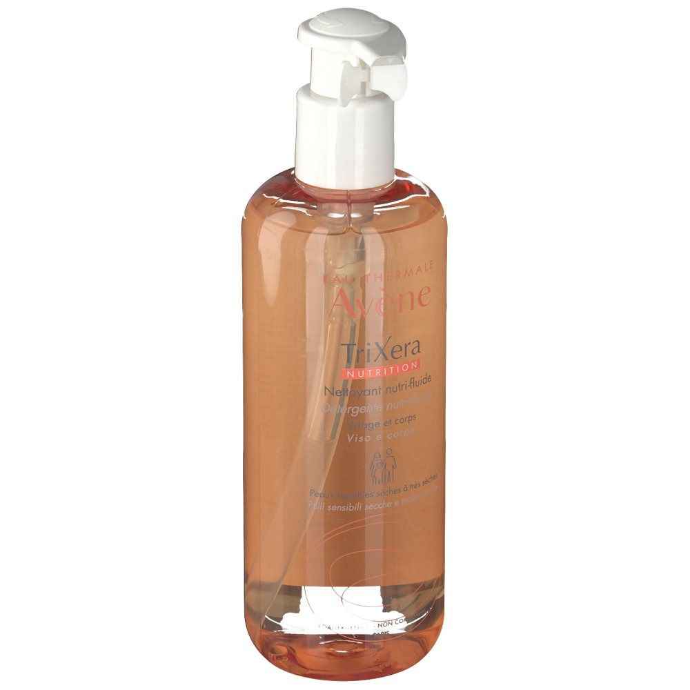Flacon transparent avec pompe blanche. Inscription: Avène Nutrition, Gel nettoyant nutritif, visage et corps.